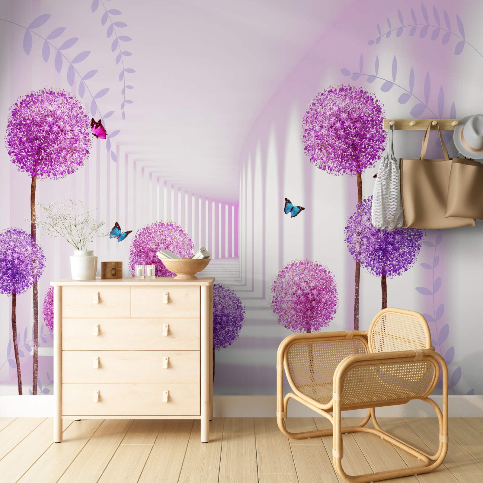 Fotobehang paarse duizendpoten in de terugtrekkende tunnel