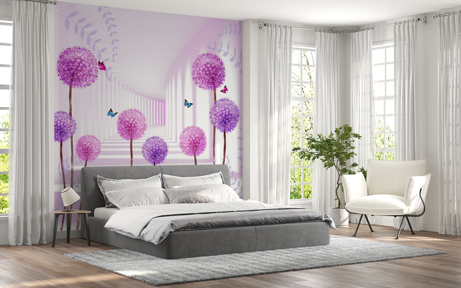 Fotobehang paarse duizendpoten in de terugtrekkende tunnel