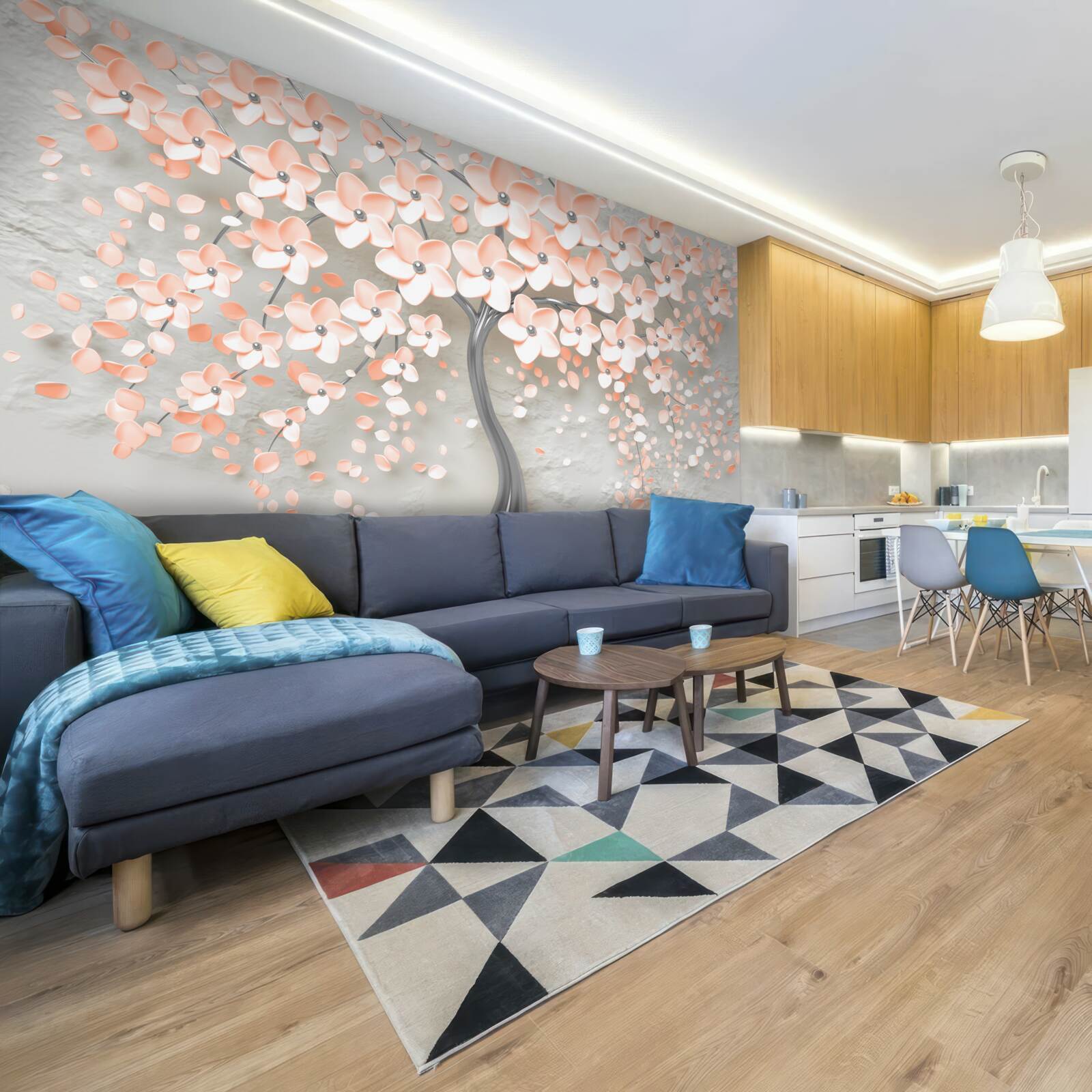 Fotobehang boom met licht crèmekleurige bloeiende bladeren