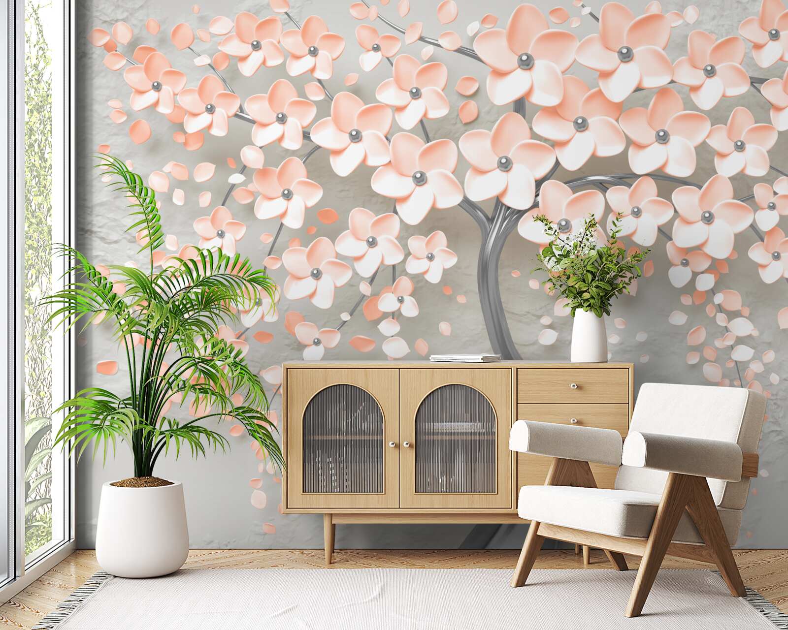 Fotobehang boom met licht crèmekleurige bloeiende bladeren