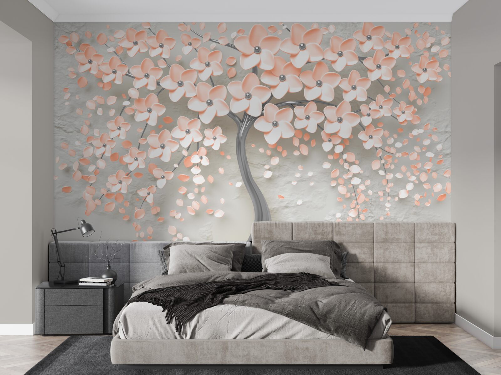 Fotobehang boom met licht crèmekleurige bloeiende bladeren