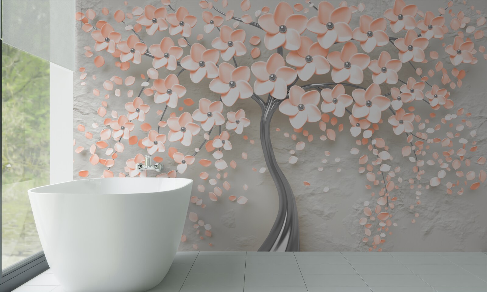 Fotobehang boom met licht crèmekleurige bloeiende bladeren