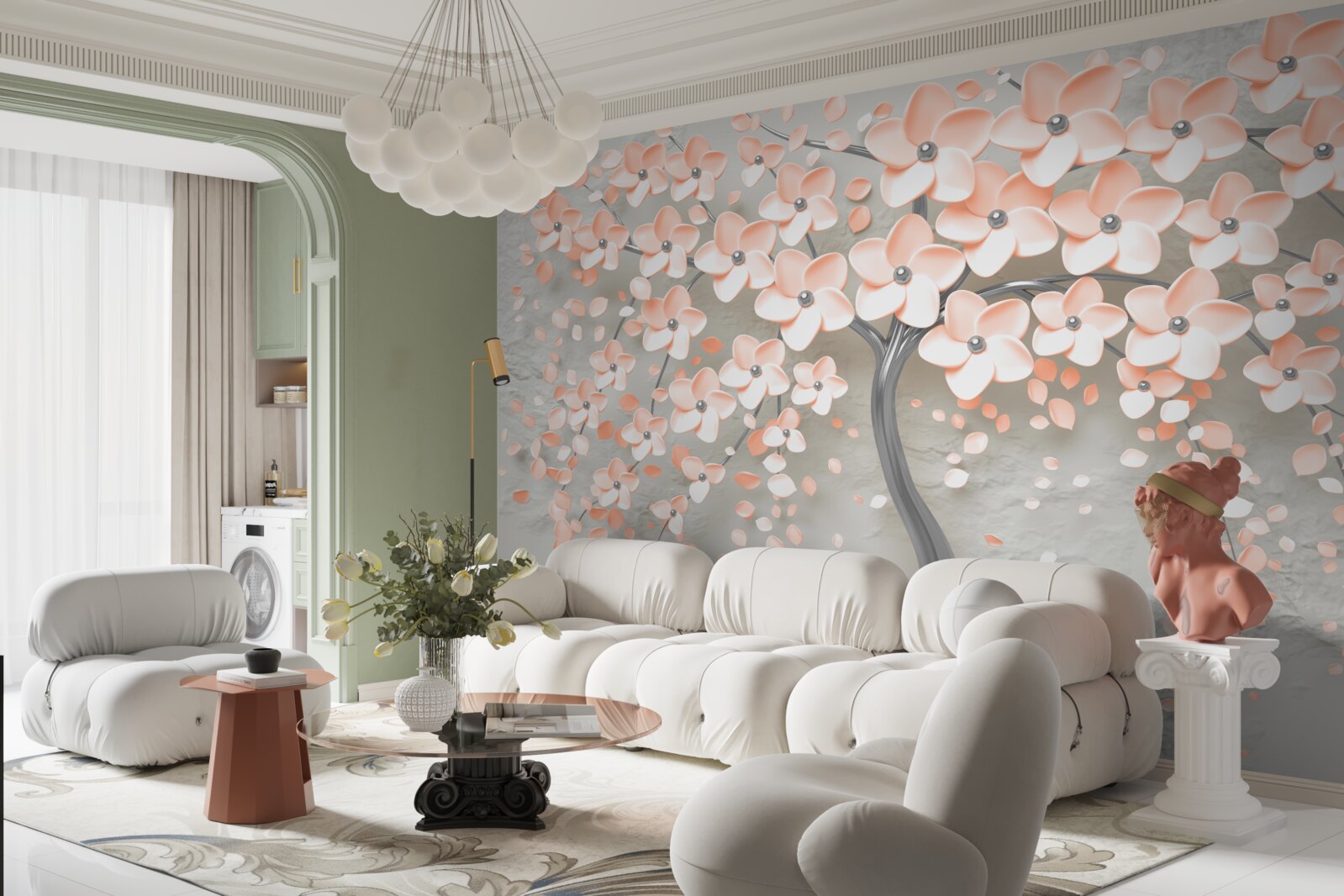 Fotobehang boom met licht crèmekleurige bloeiende bladeren