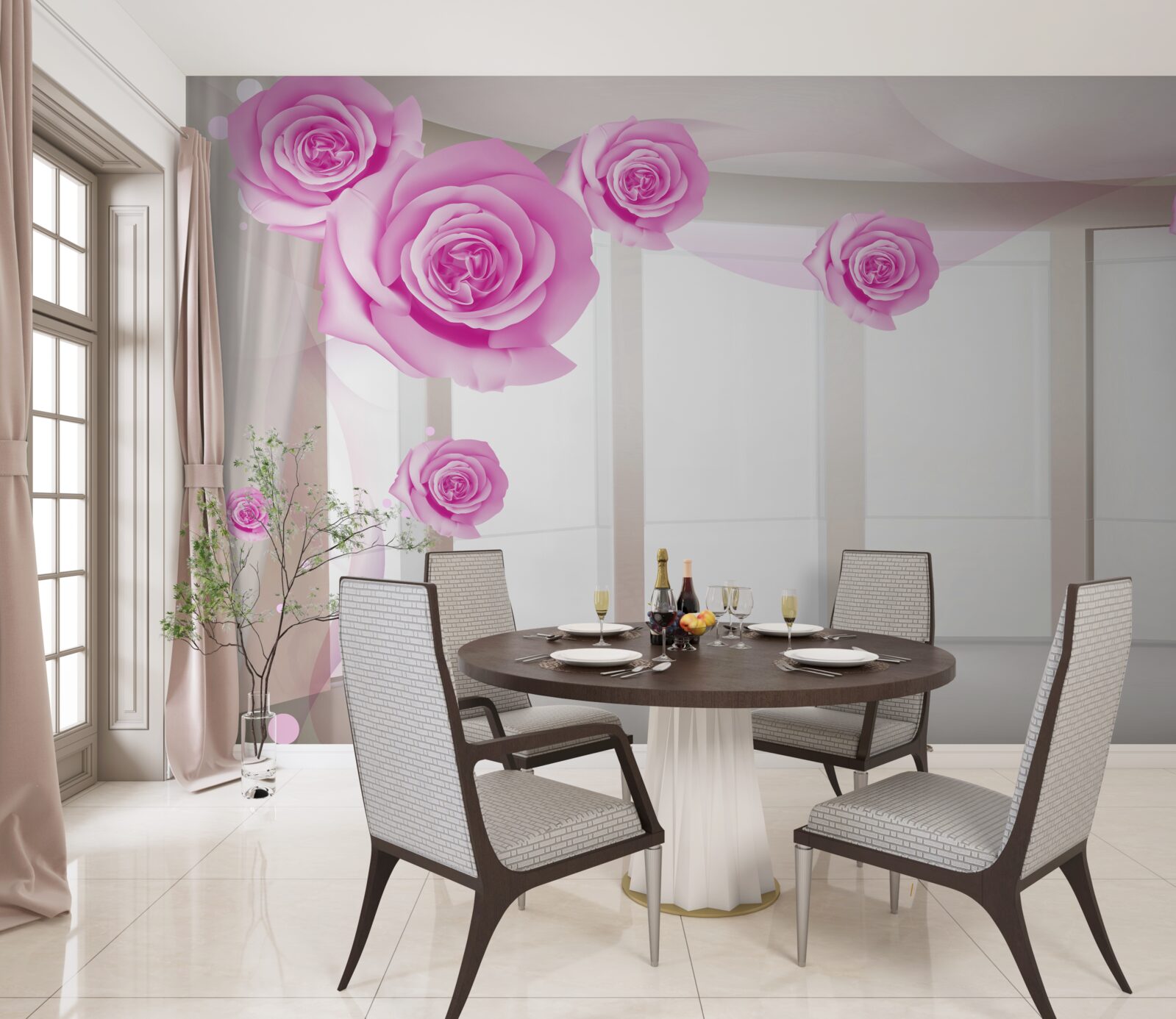 Fotobehang roze rozen bloeiden op het ruime balkon