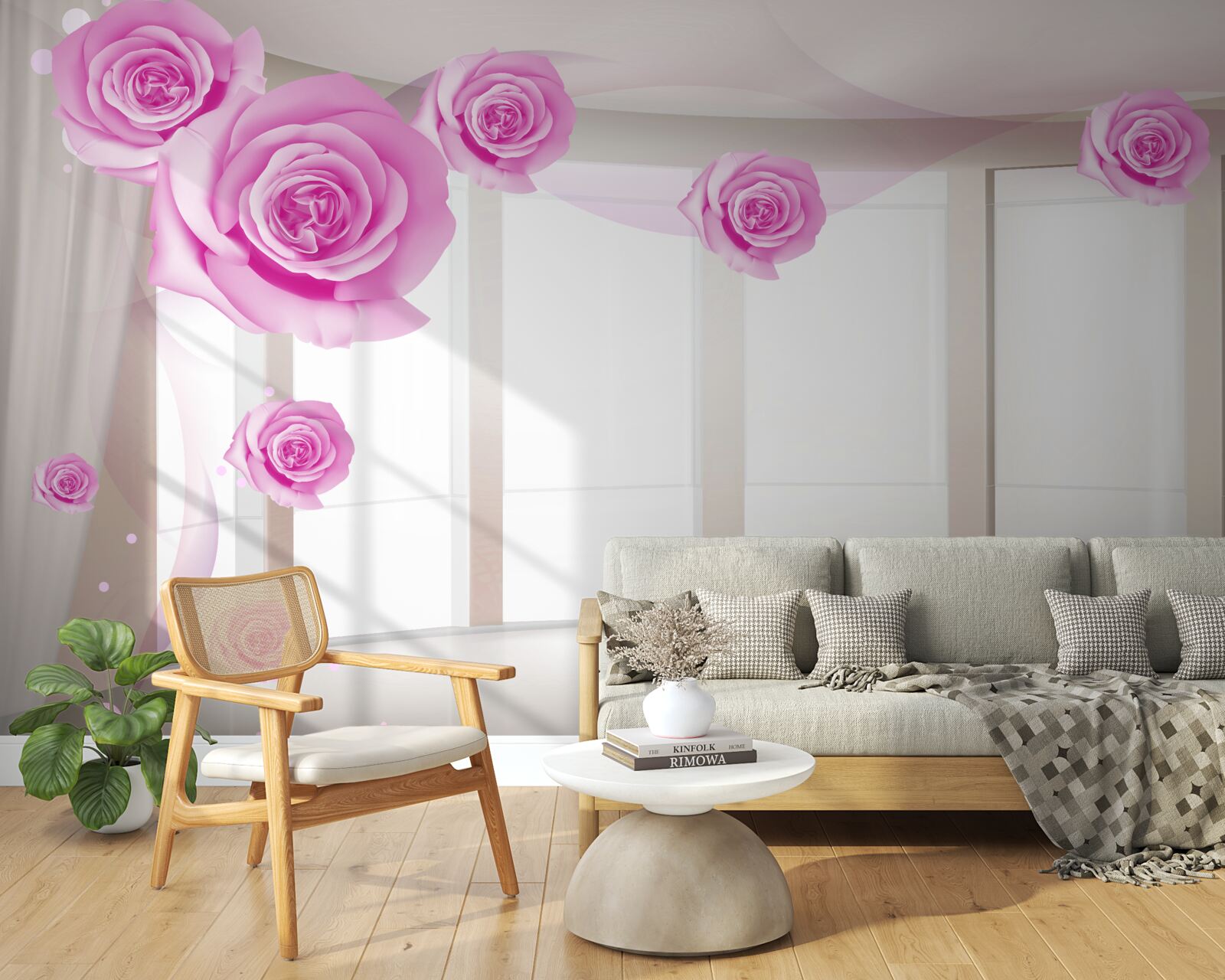 Fotobehang roze rozen bloeiden op het ruime balkon