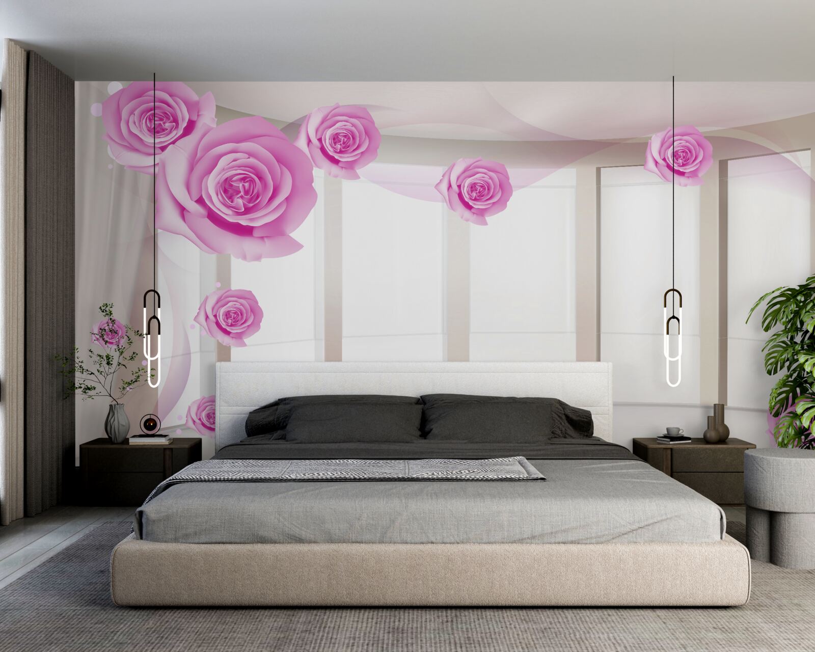 Fotobehang roze rozen bloeiden op het ruime balkon