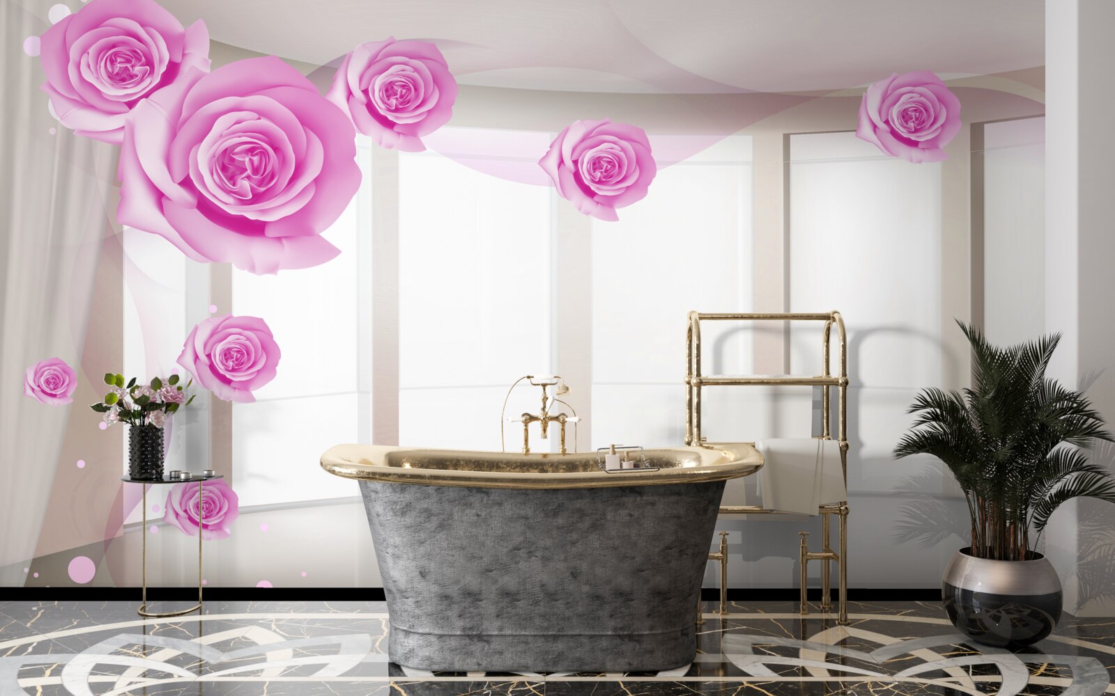 Fotobehang roze rozen bloeiden op het ruime balkon