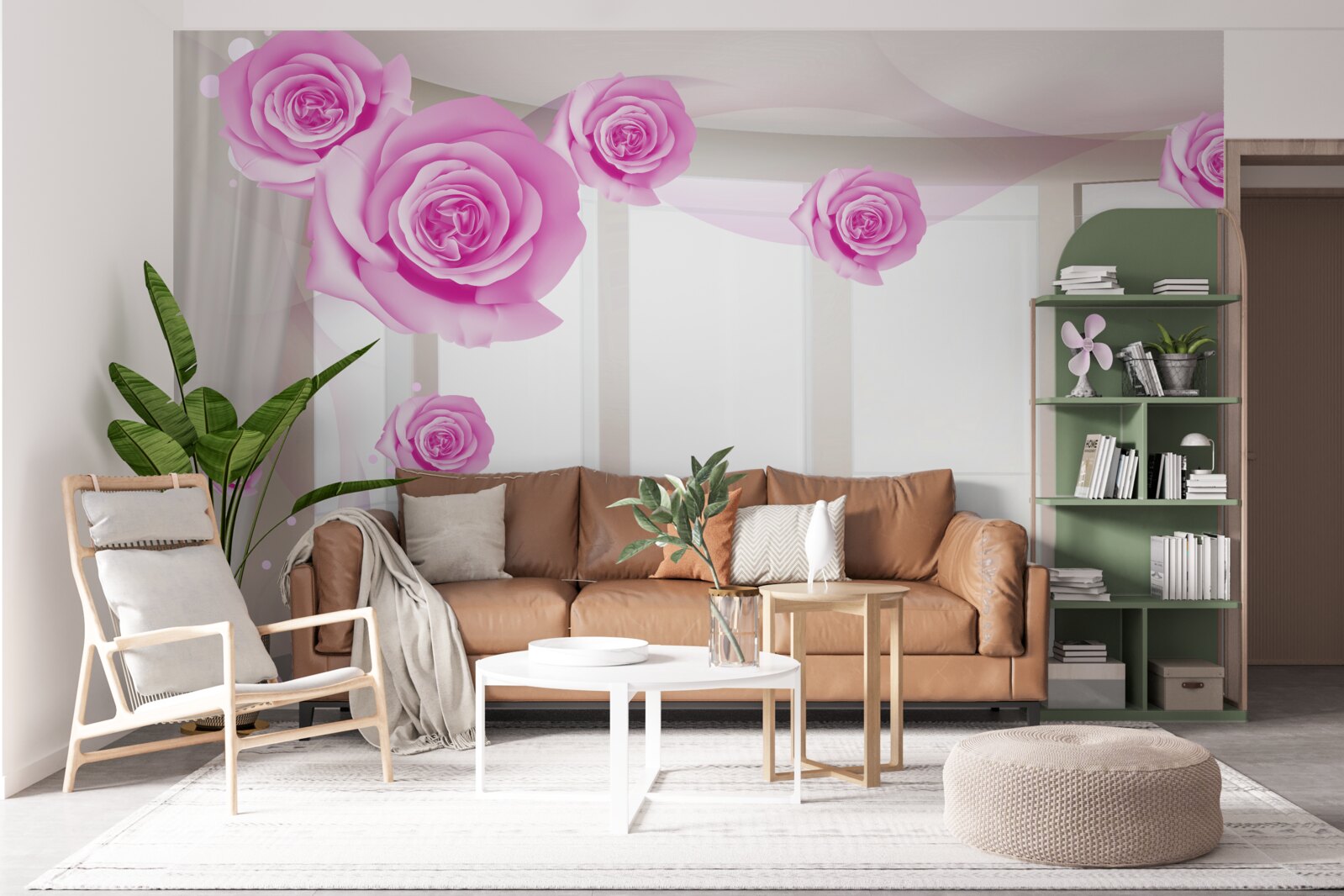 Fotobehang roze rozen bloeiden op het ruime balkon