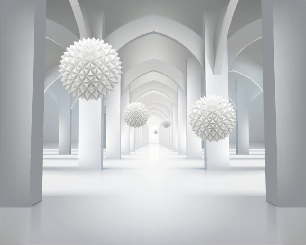 Fotobehang abstract met geometrische bogen en zwevende bollen