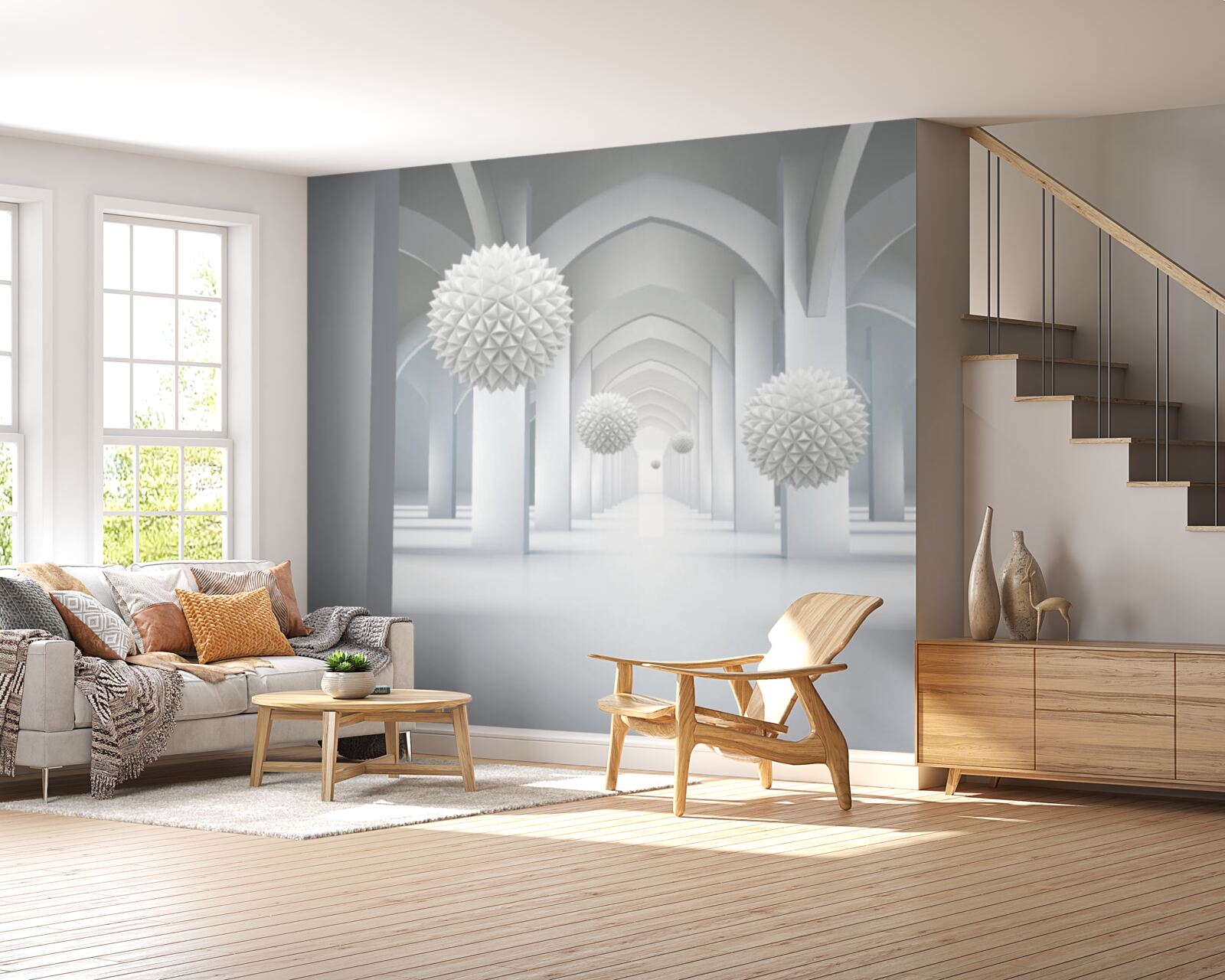 Fotobehang abstract met geometrische bogen en zwevende bollen