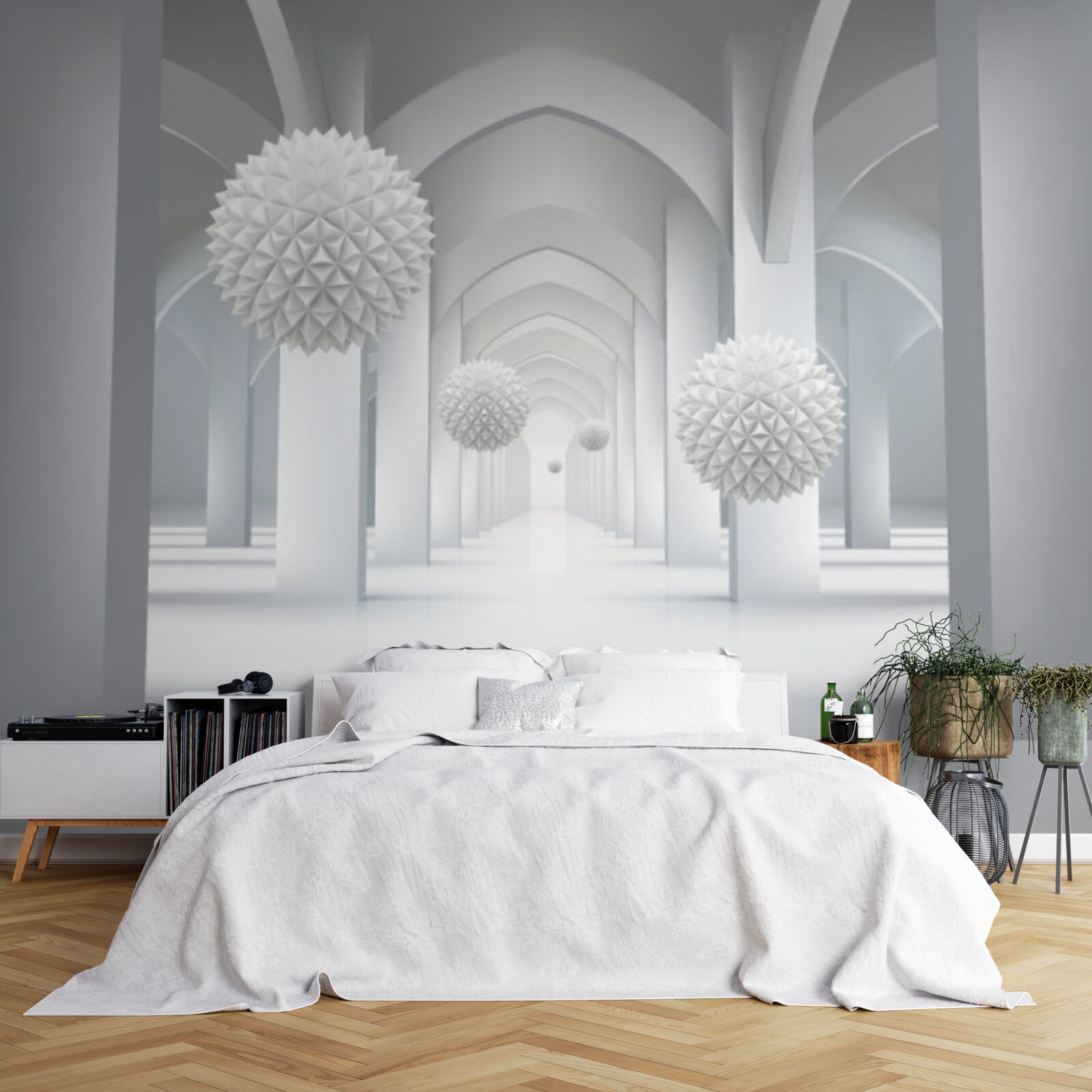 Fotobehang abstract met geometrische bogen en zwevende bollen