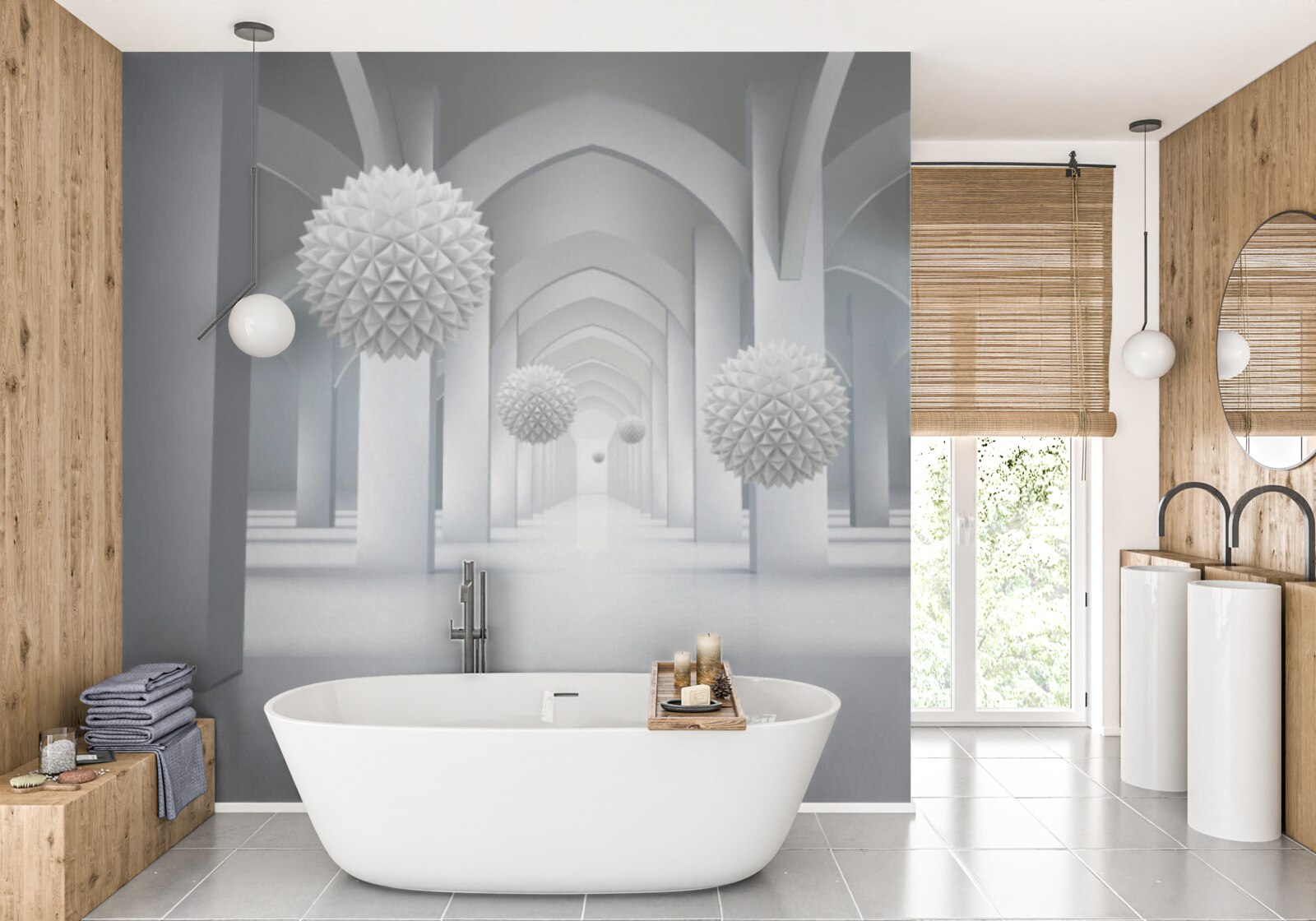 Fotobehang abstract met geometrische bogen en zwevende bollen