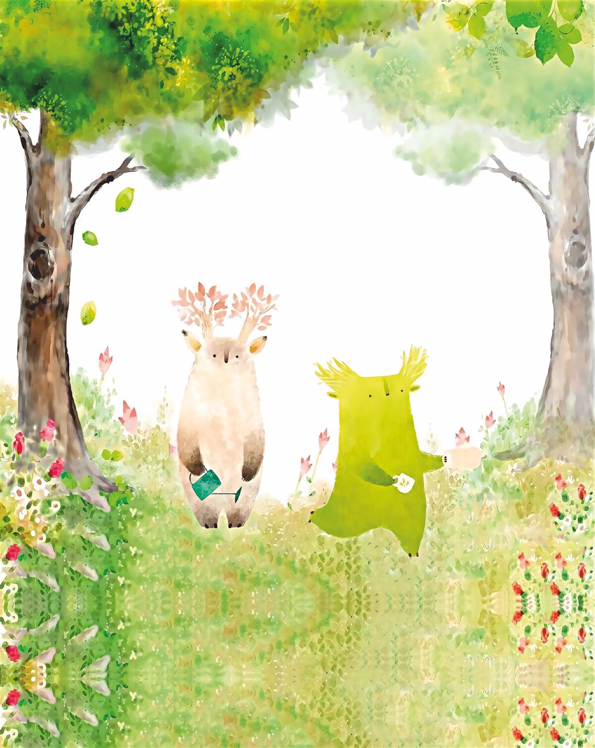 Fotobehang magische wezens in het bos, geschilderd met aquarel