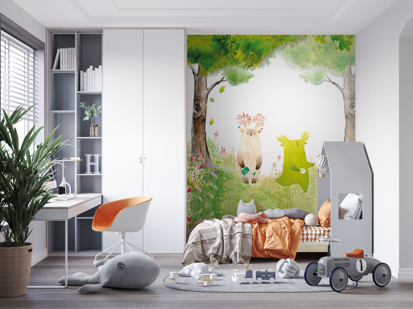 Fotobehang magische wezens in het bos, geschilderd met aquarel