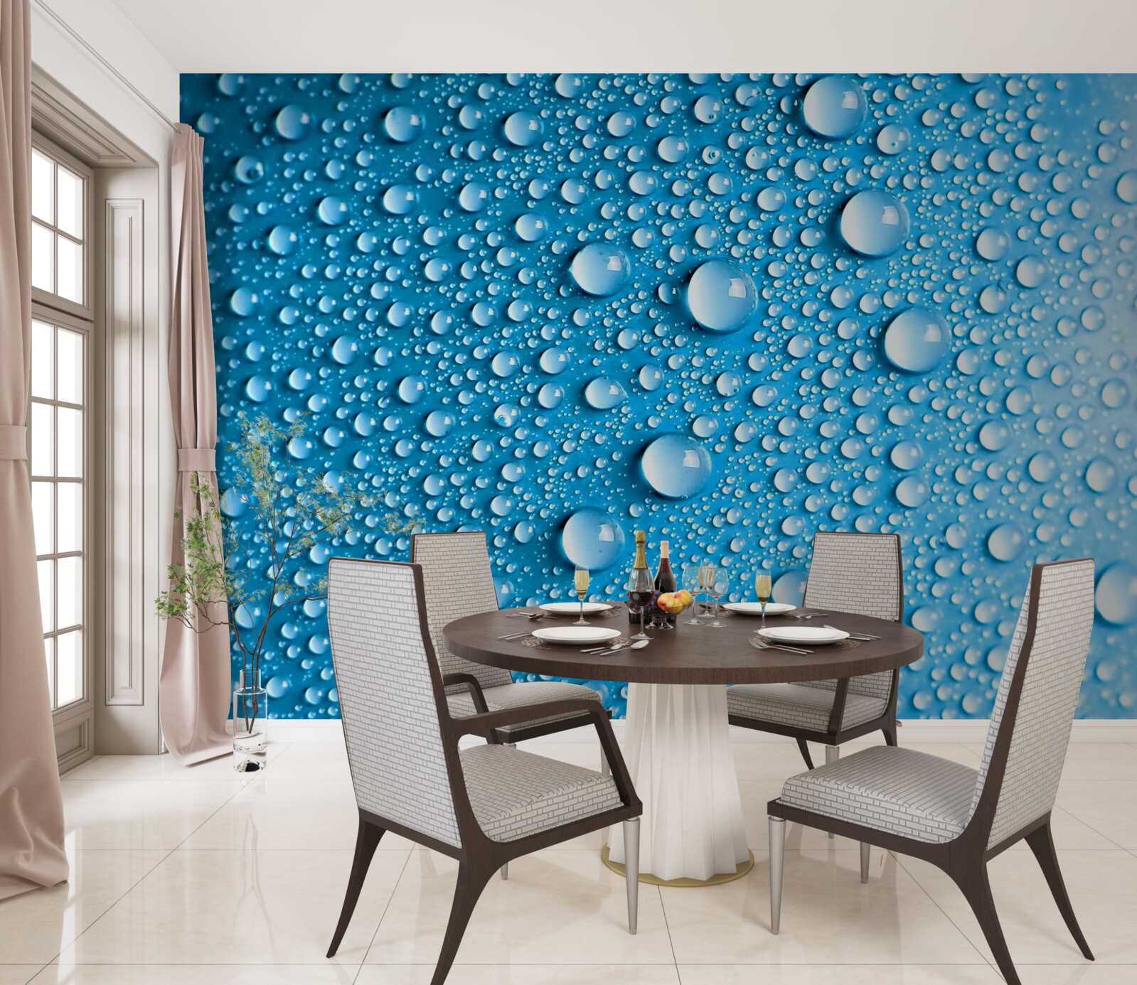 Fotobehang grote druppels op een blauwe achtergrond