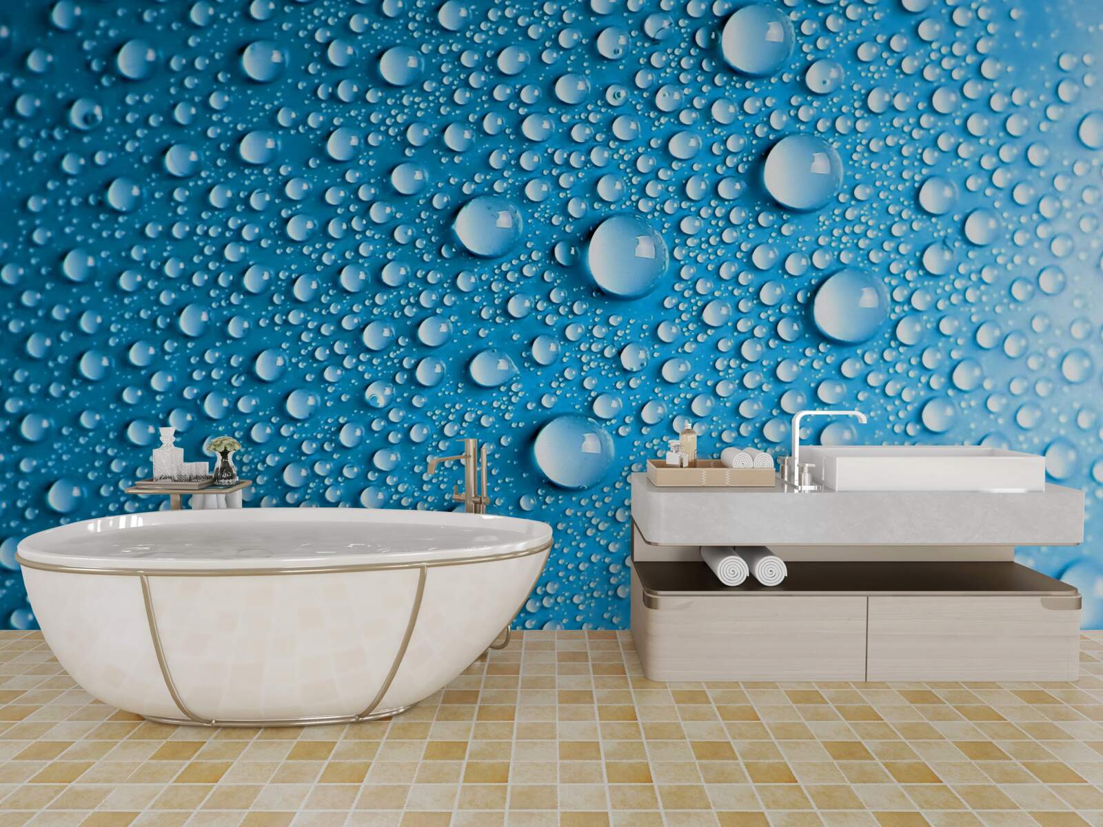 Fotobehang grote druppels op een blauwe achtergrond