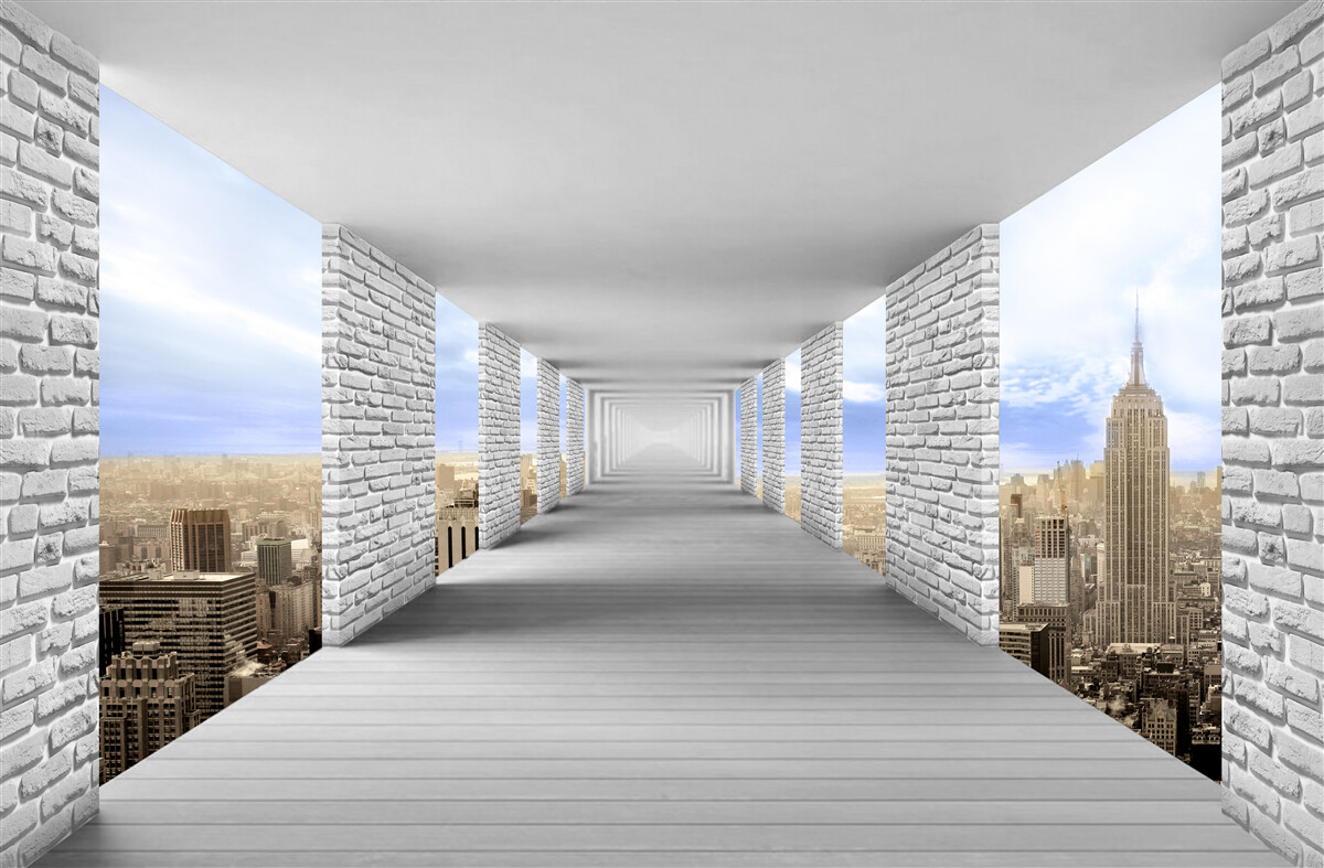 Fotobehang gang met uitzicht op de stad in een abstracte stijl