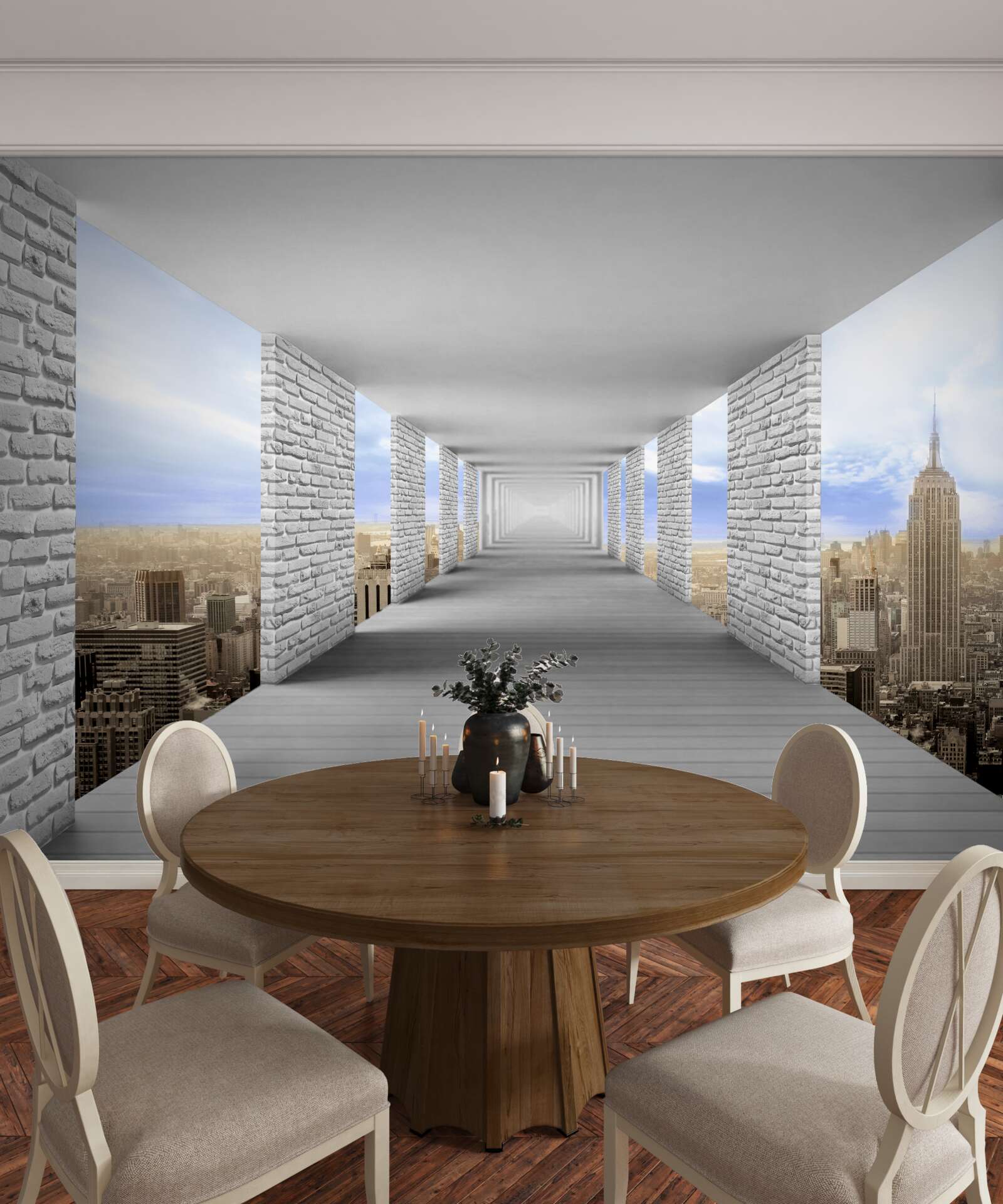 Fotobehang gang met uitzicht op de stad in een abstracte stijl