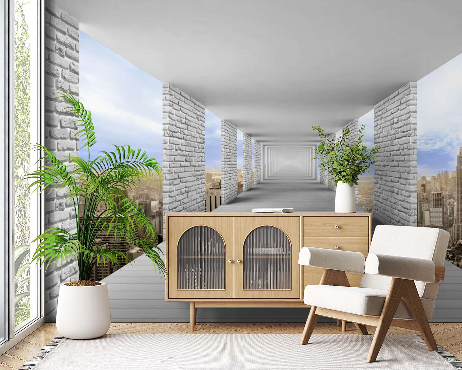 Fotobehang gang met uitzicht op de stad in een abstracte stijl