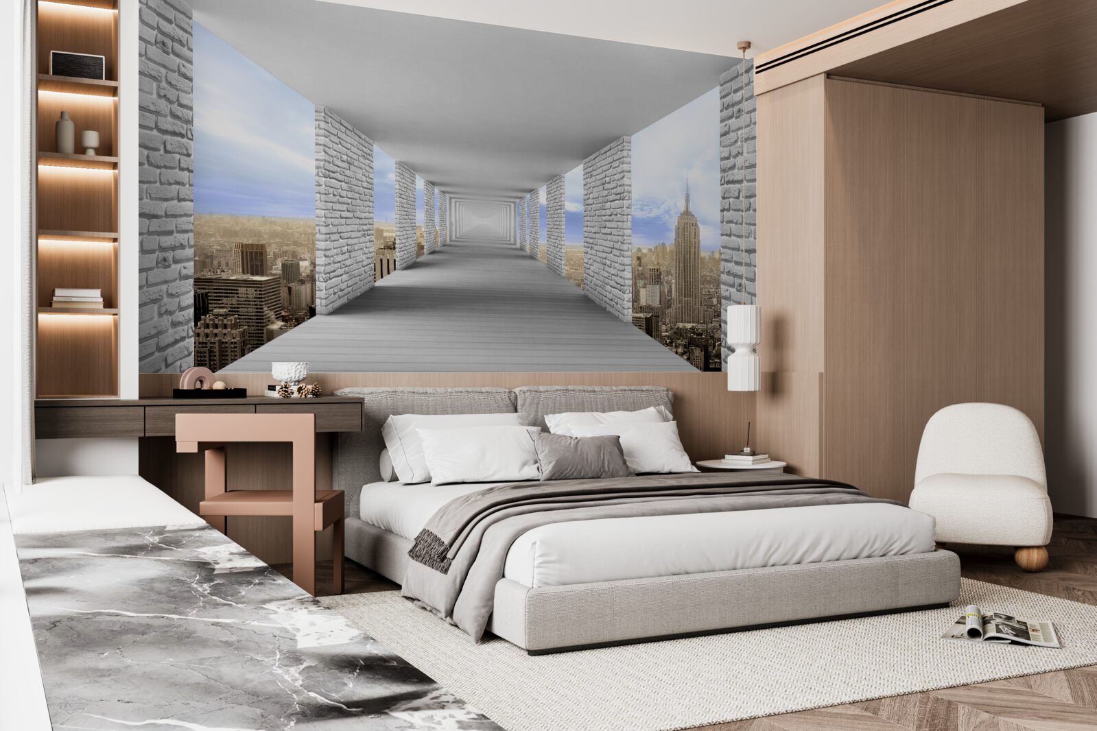 Fotobehang gang met uitzicht op de stad in een abstracte stijl