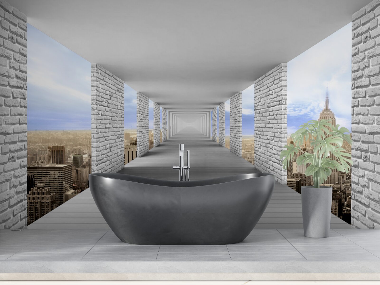 Fotobehang gang met uitzicht op de stad in een abstracte stijl