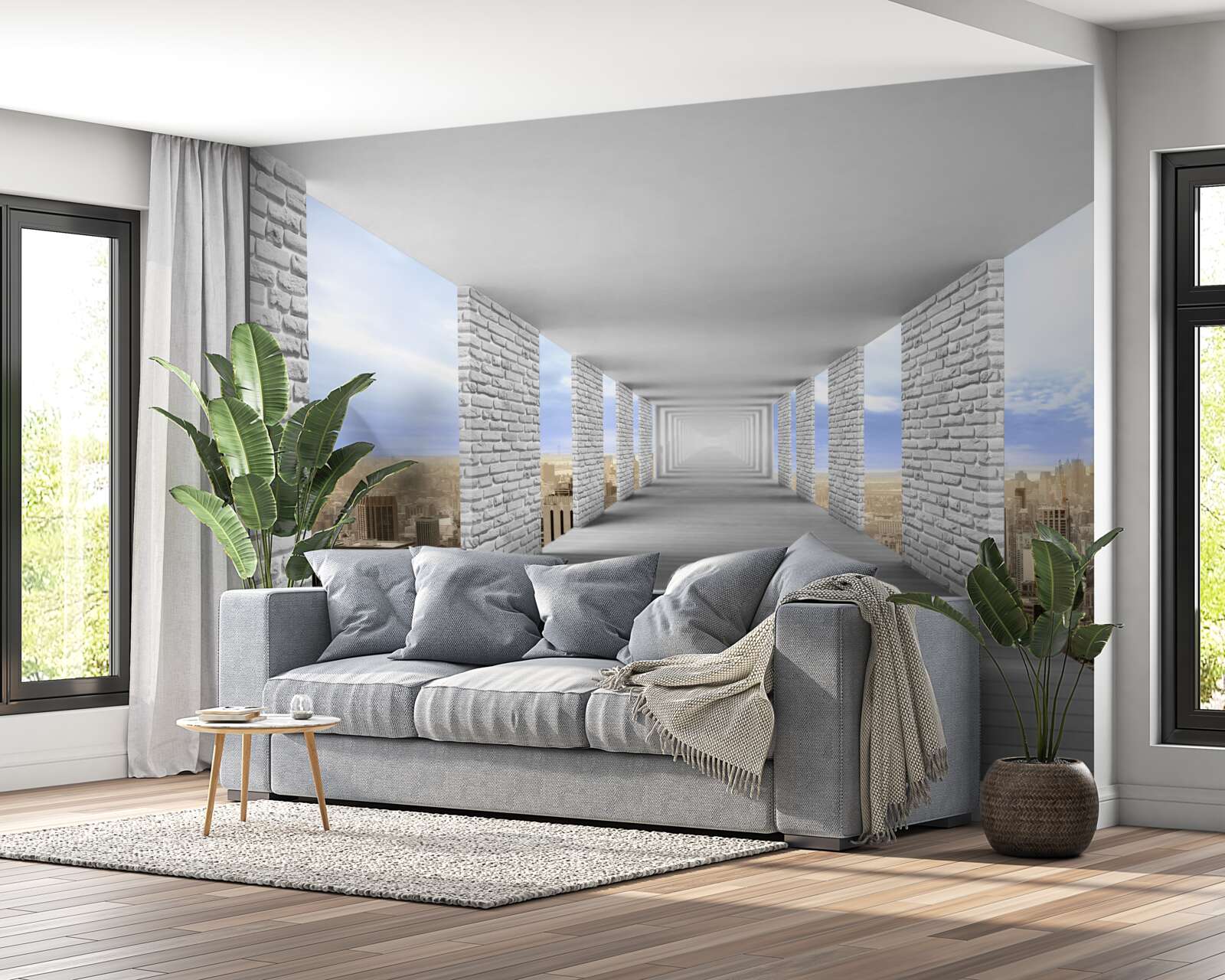 Fotobehang gang met uitzicht op de stad in een abstracte stijl