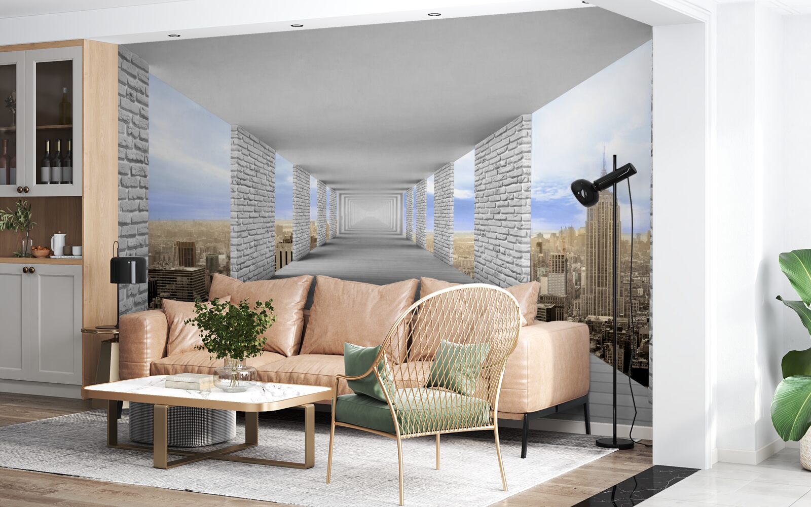 Fotobehang gang met uitzicht op de stad in een abstracte stijl