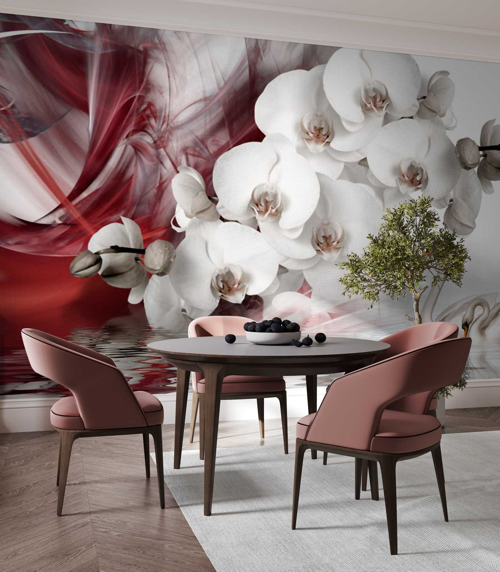 Fotobehang orchideeën met witte knoppen bij een vijver met zwanen