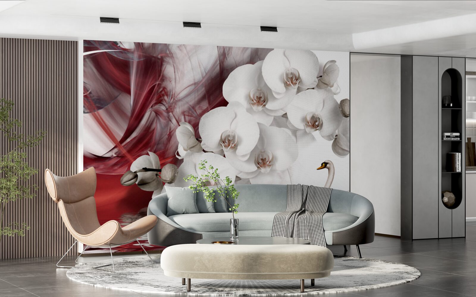 Fotobehang orchideeën met witte knoppen bij een vijver met zwanen