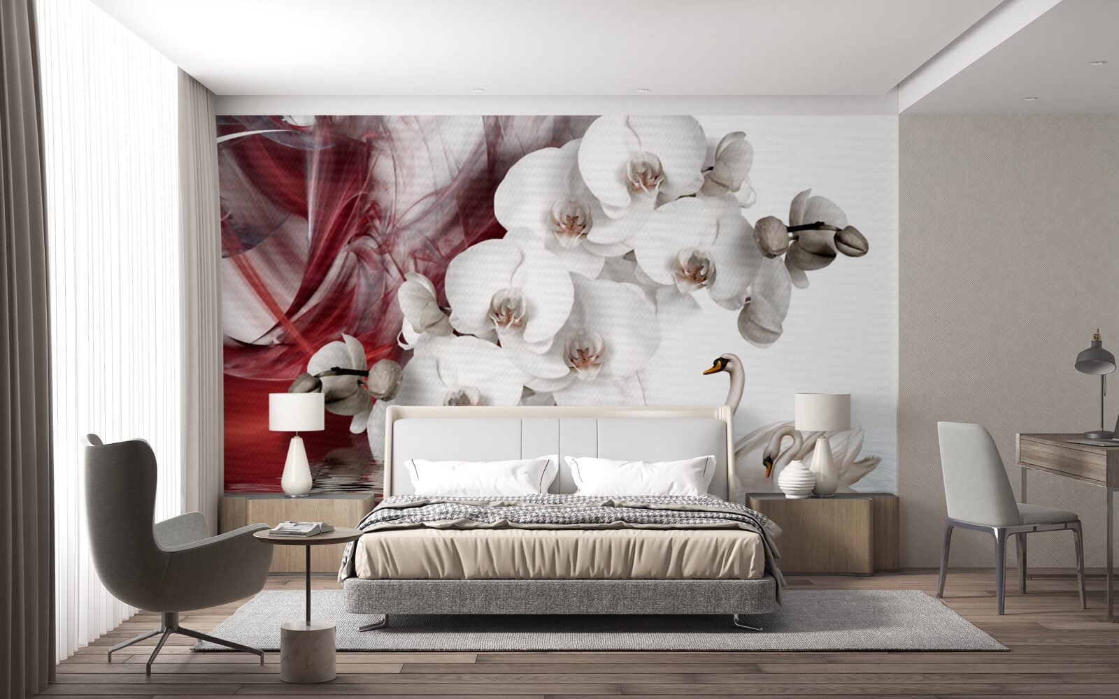 Fotobehang orchideeën met witte knoppen bij een vijver met zwanen