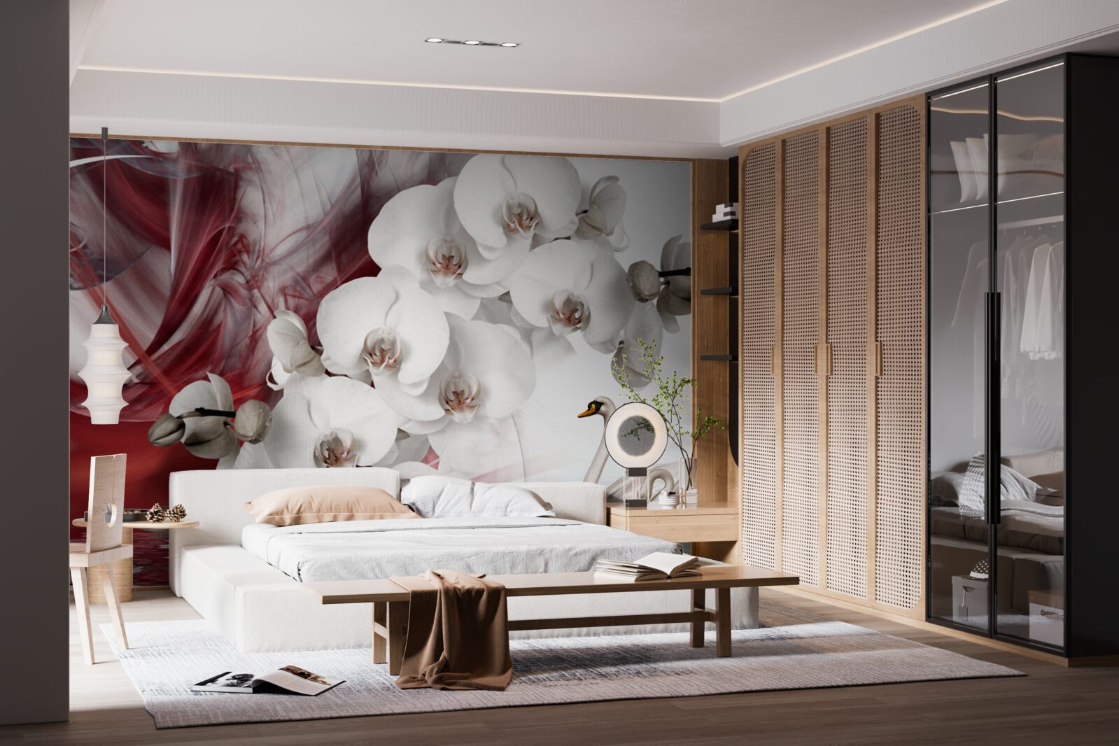 Fotobehang orchideeën met witte knoppen bij een vijver met zwanen