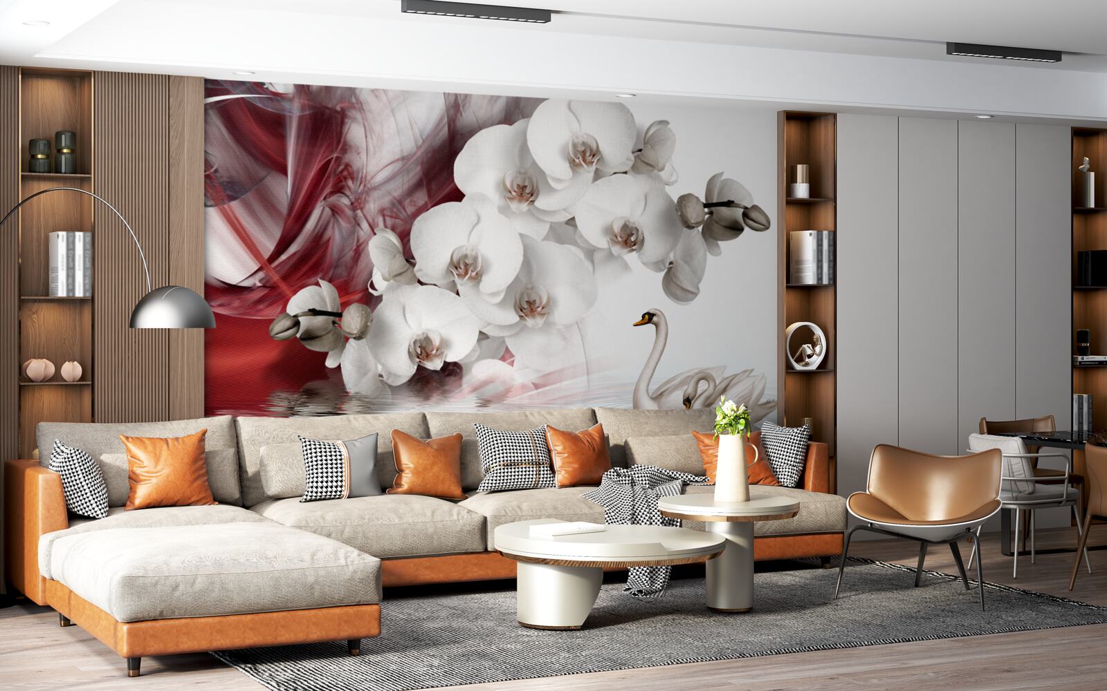 Fotobehang orchideeën met witte knoppen bij een vijver met zwanen