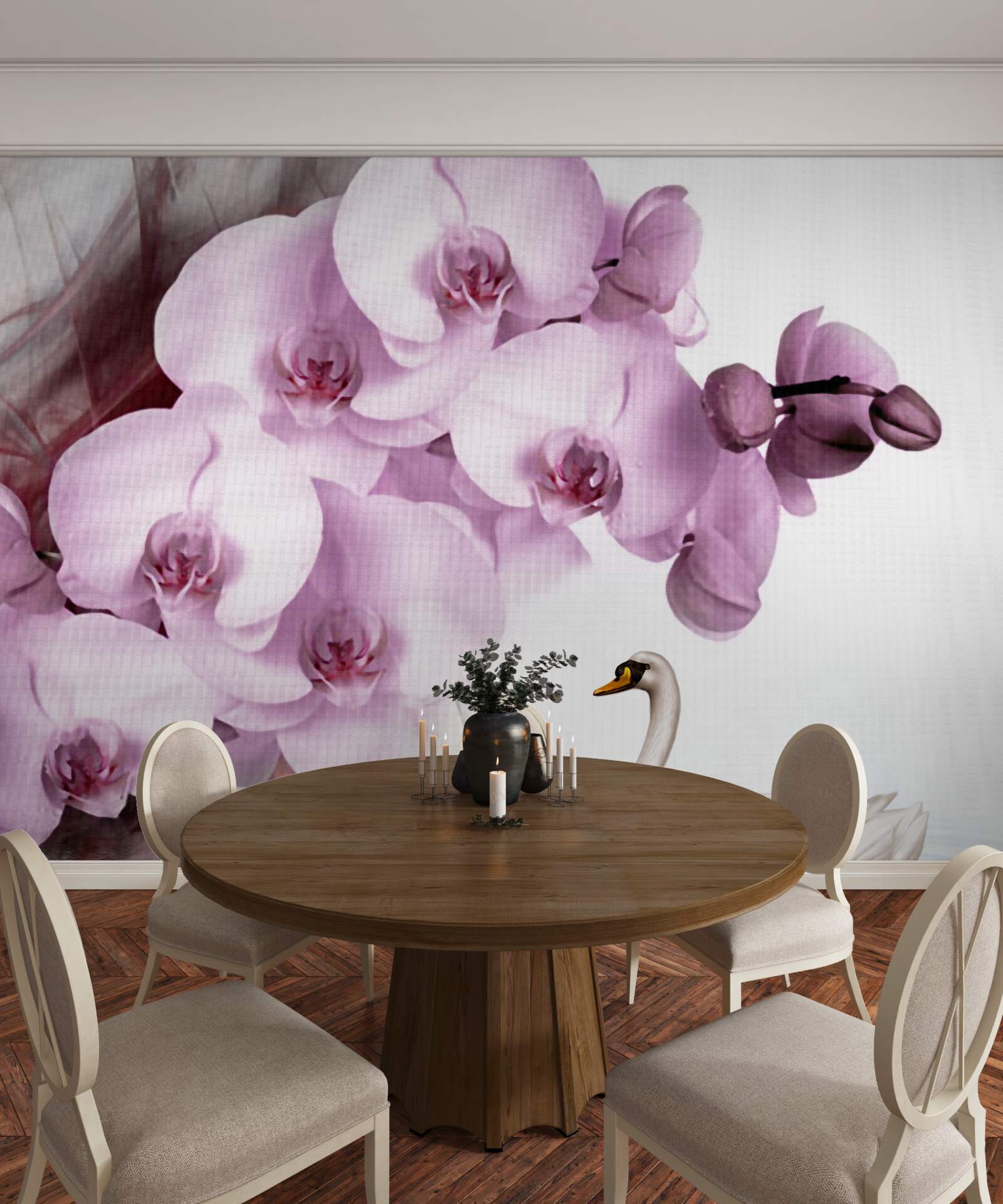 Fotobehang zwanen op het wateroppervlak en een delicate lila orchidee bloem