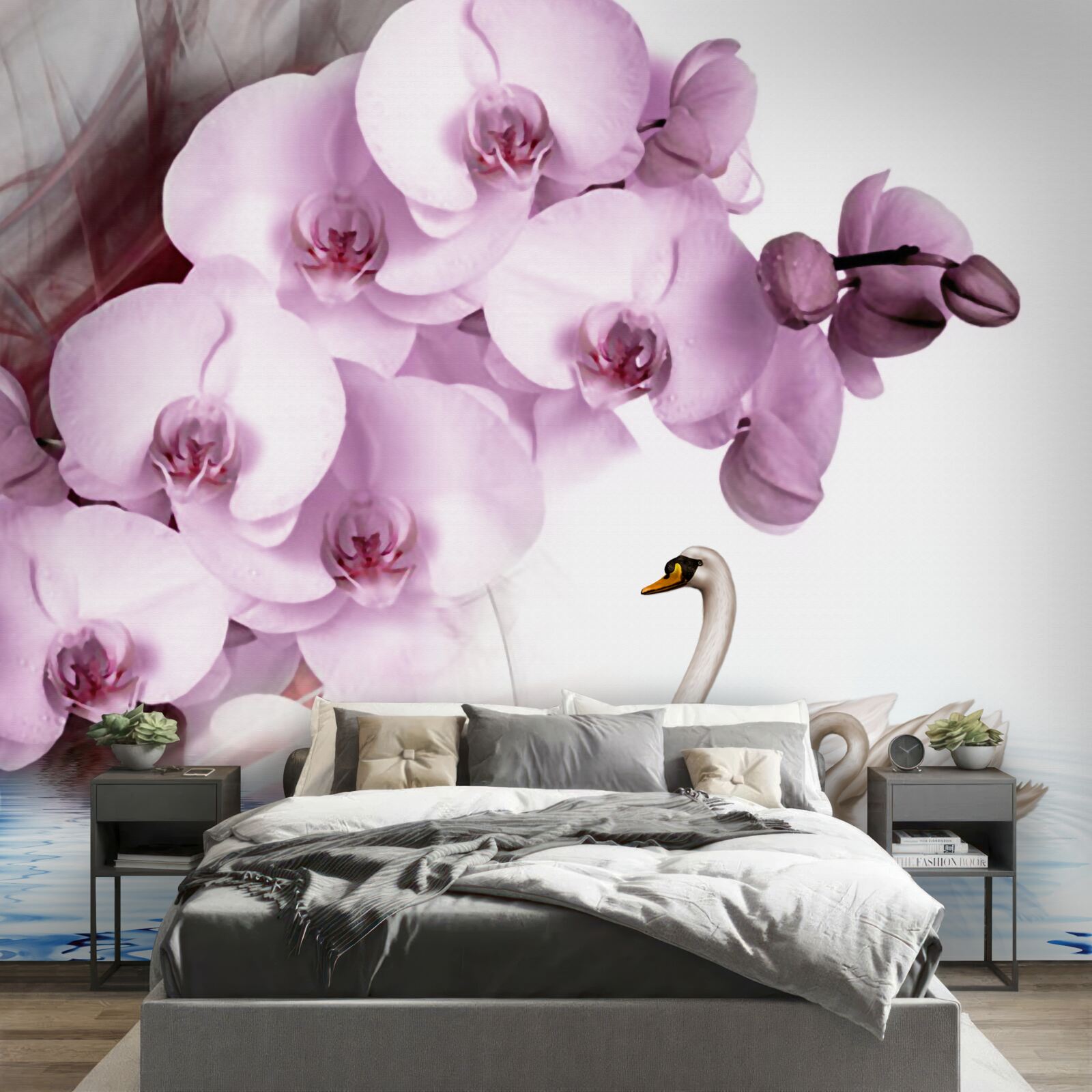 Fotobehang zwanen op het wateroppervlak en een delicate lila orchidee bloem