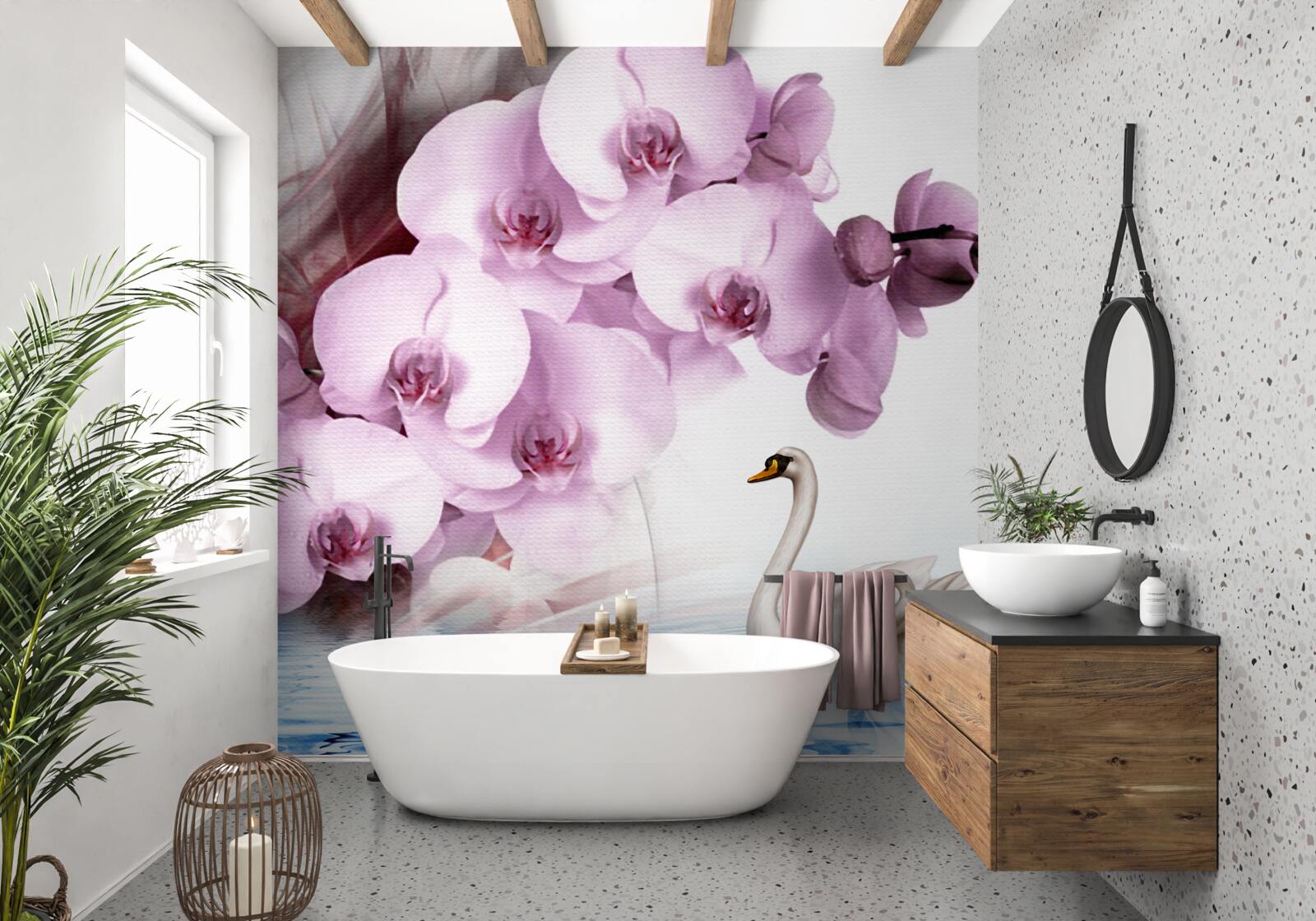 Fotobehang zwanen op het wateroppervlak en een delicate lila orchidee bloem