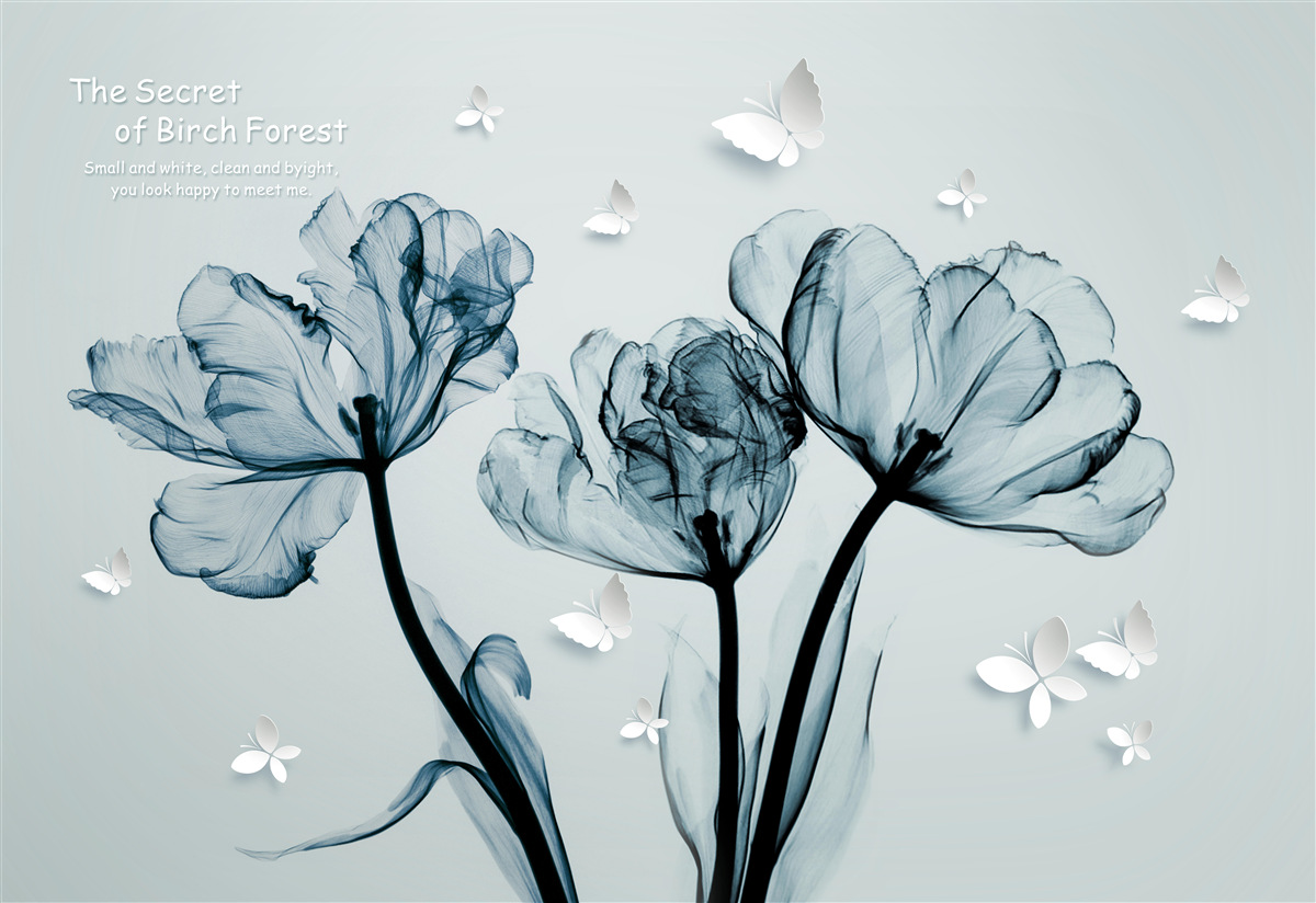 Fotobehang tere klaprozen en lichte vlinders