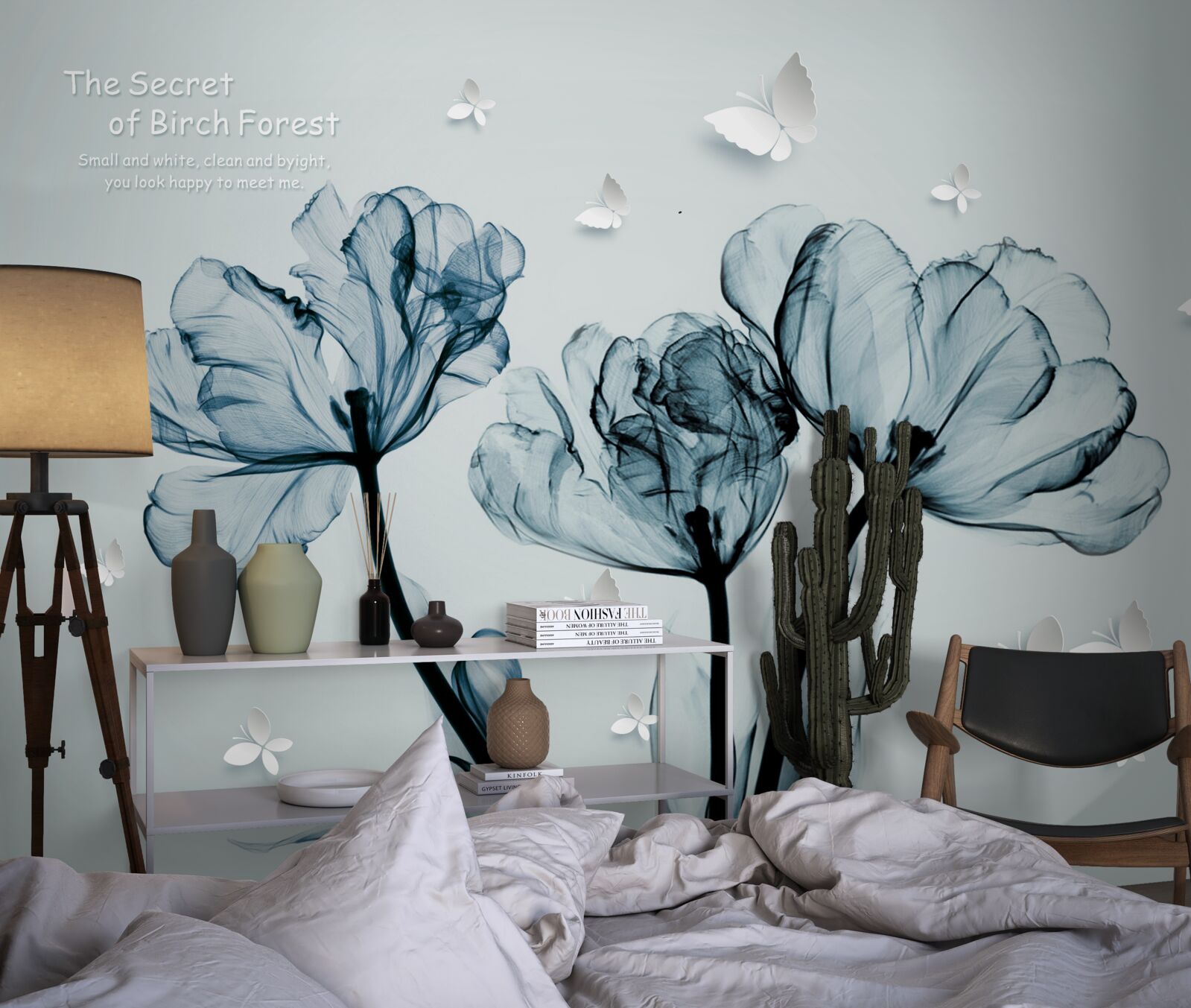 Fotobehang tere klaprozen en lichte vlinders