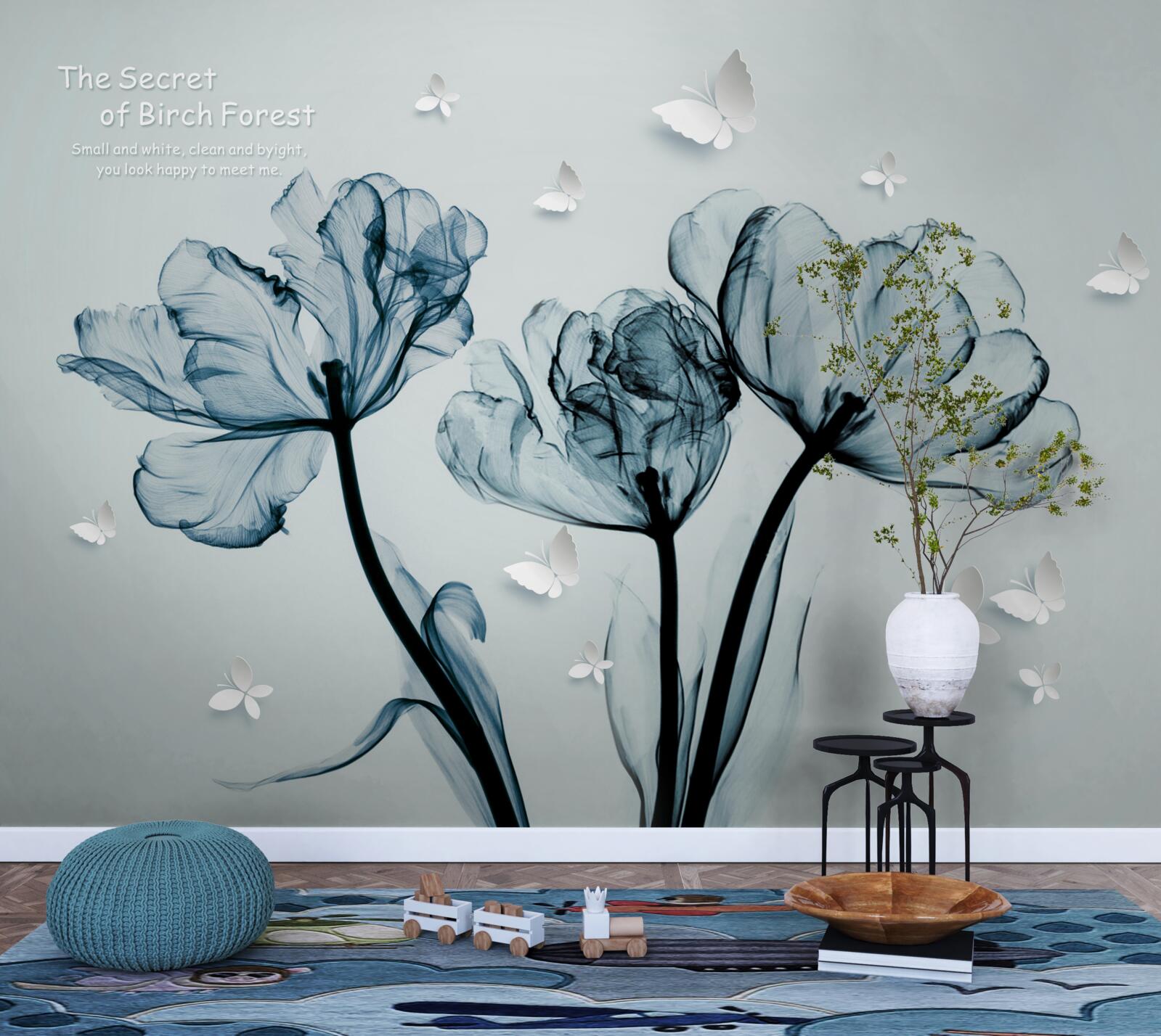 Fotobehang tere klaprozen en lichte vlinders