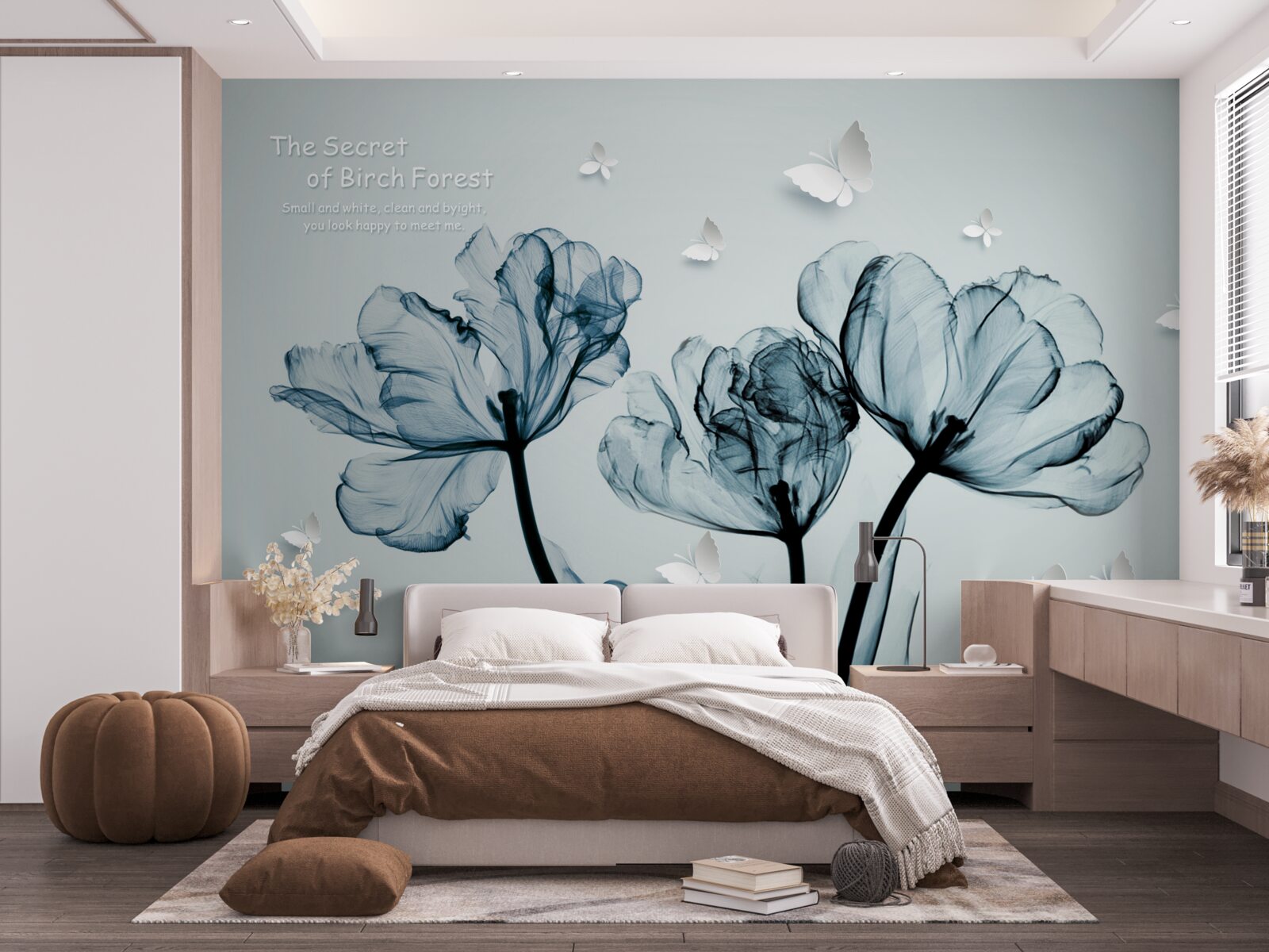 Fotobehang tere klaprozen en lichte vlinders