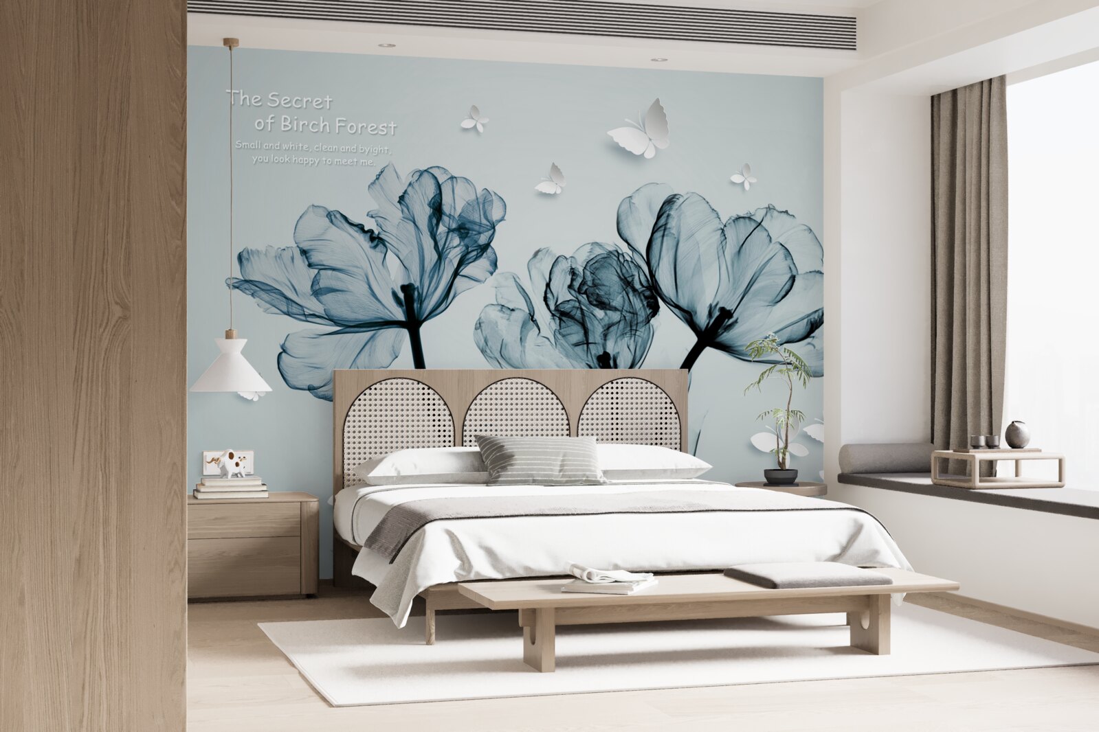 Fotobehang tere klaprozen en lichte vlinders