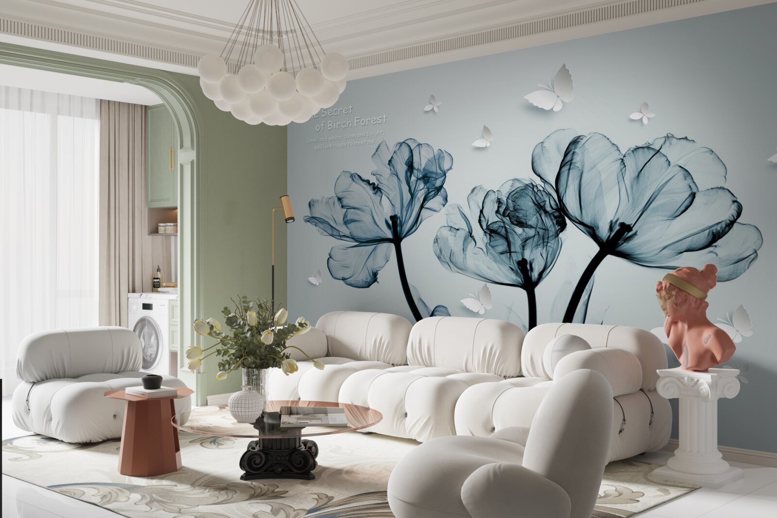 Fotobehang tere klaprozen en lichte vlinders