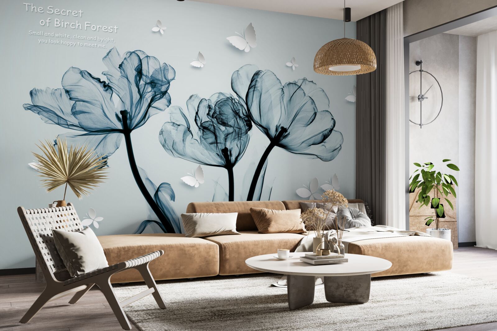 Fotobehang tere klaprozen en lichte vlinders