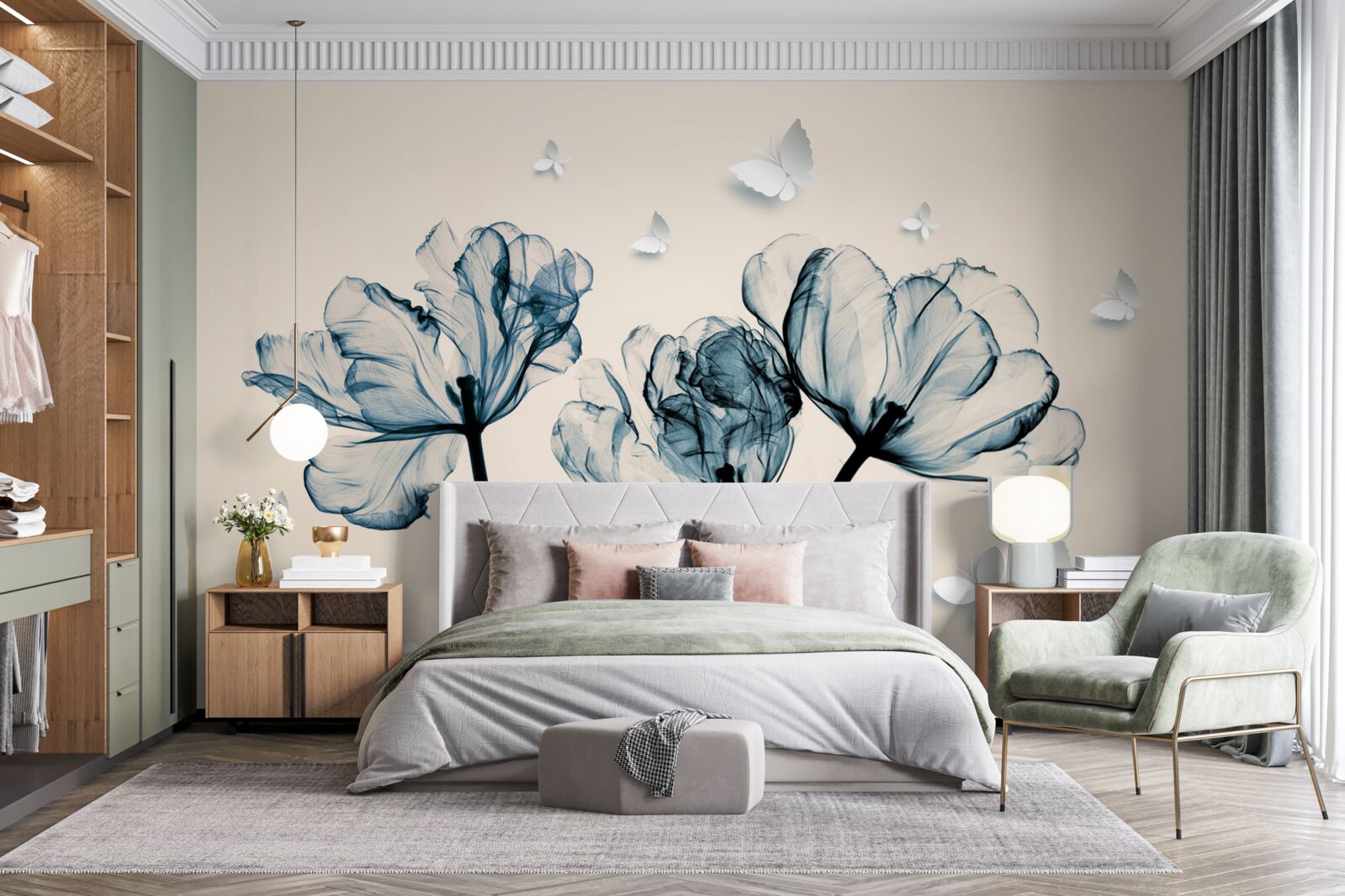 Fotobehang lichte motten vliegen over planten