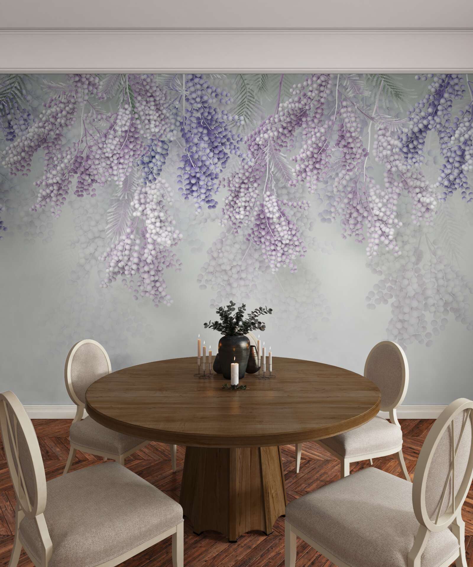 Fotobehang dunne scheuten met overvloedig gebladerte