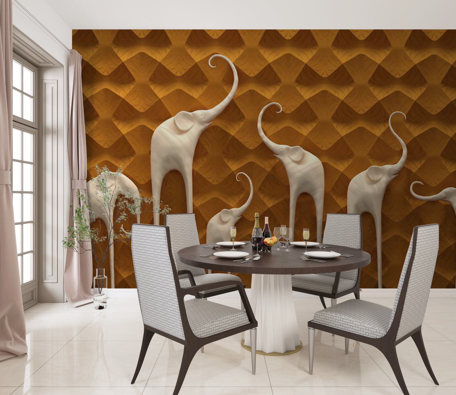 Fotobehang lange en sierlijke olifanten en abstracte kunst