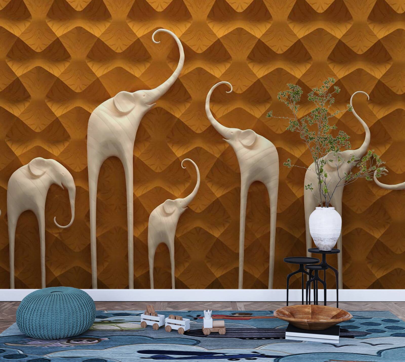 Fotobehang lange en sierlijke olifanten en abstracte kunst