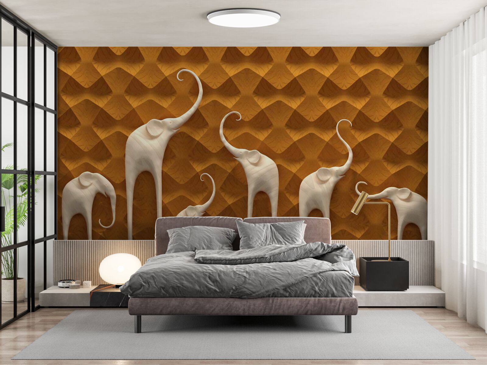 Fotobehang lange en sierlijke olifanten en abstracte kunst