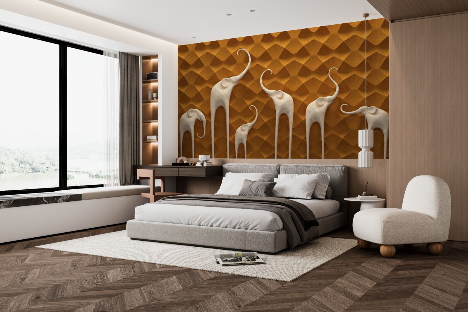 Fotobehang lange en sierlijke olifanten en abstracte kunst