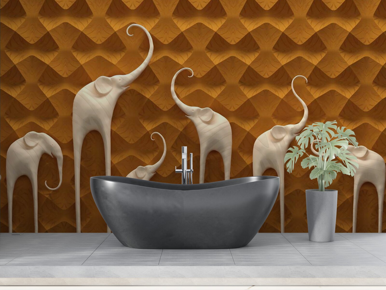 Fotobehang lange en sierlijke olifanten en abstracte kunst