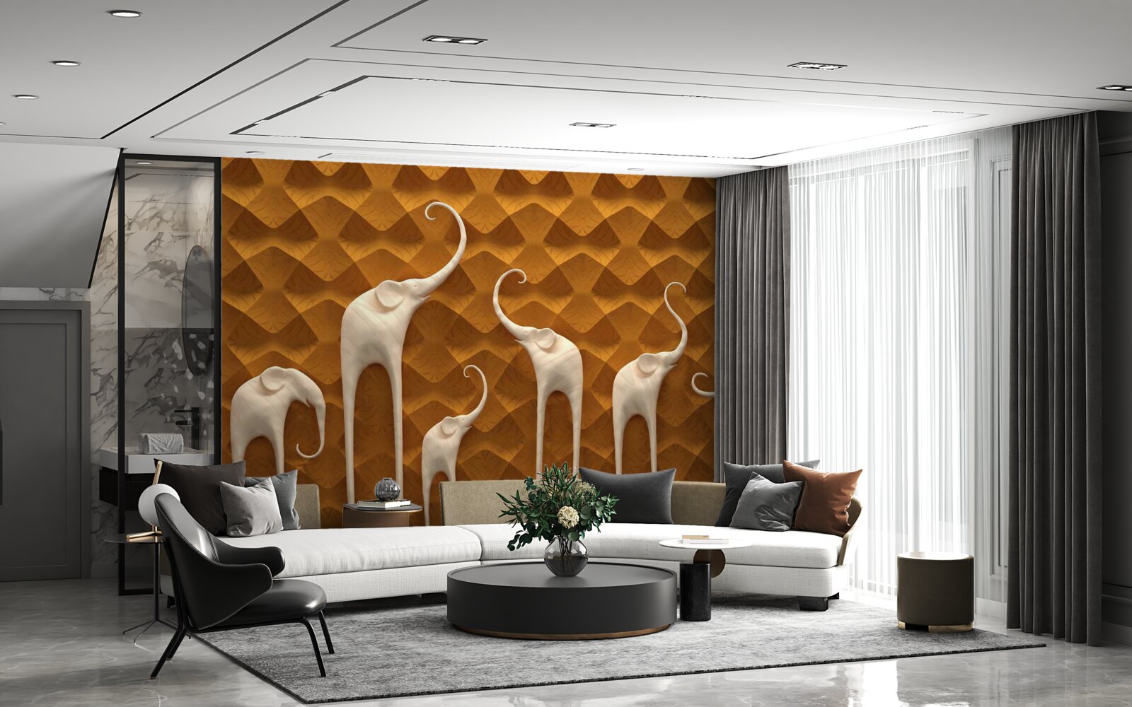 Fotobehang lange en sierlijke olifanten en abstracte kunst